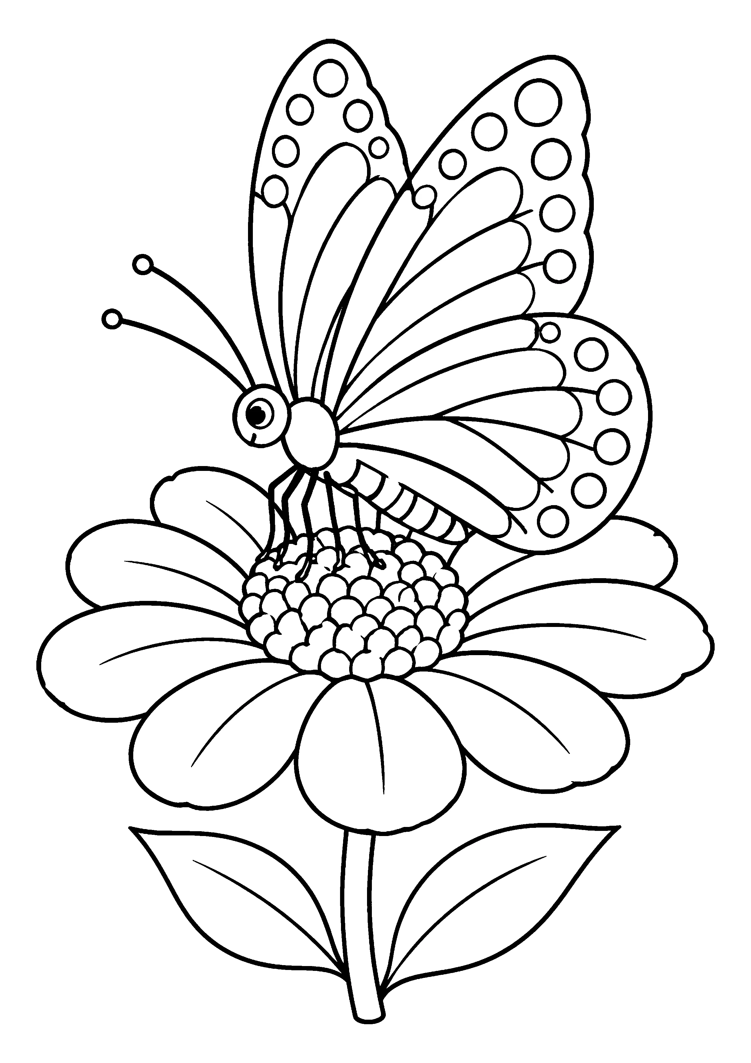 Butterfly on a daisy coloring page, printable line art
