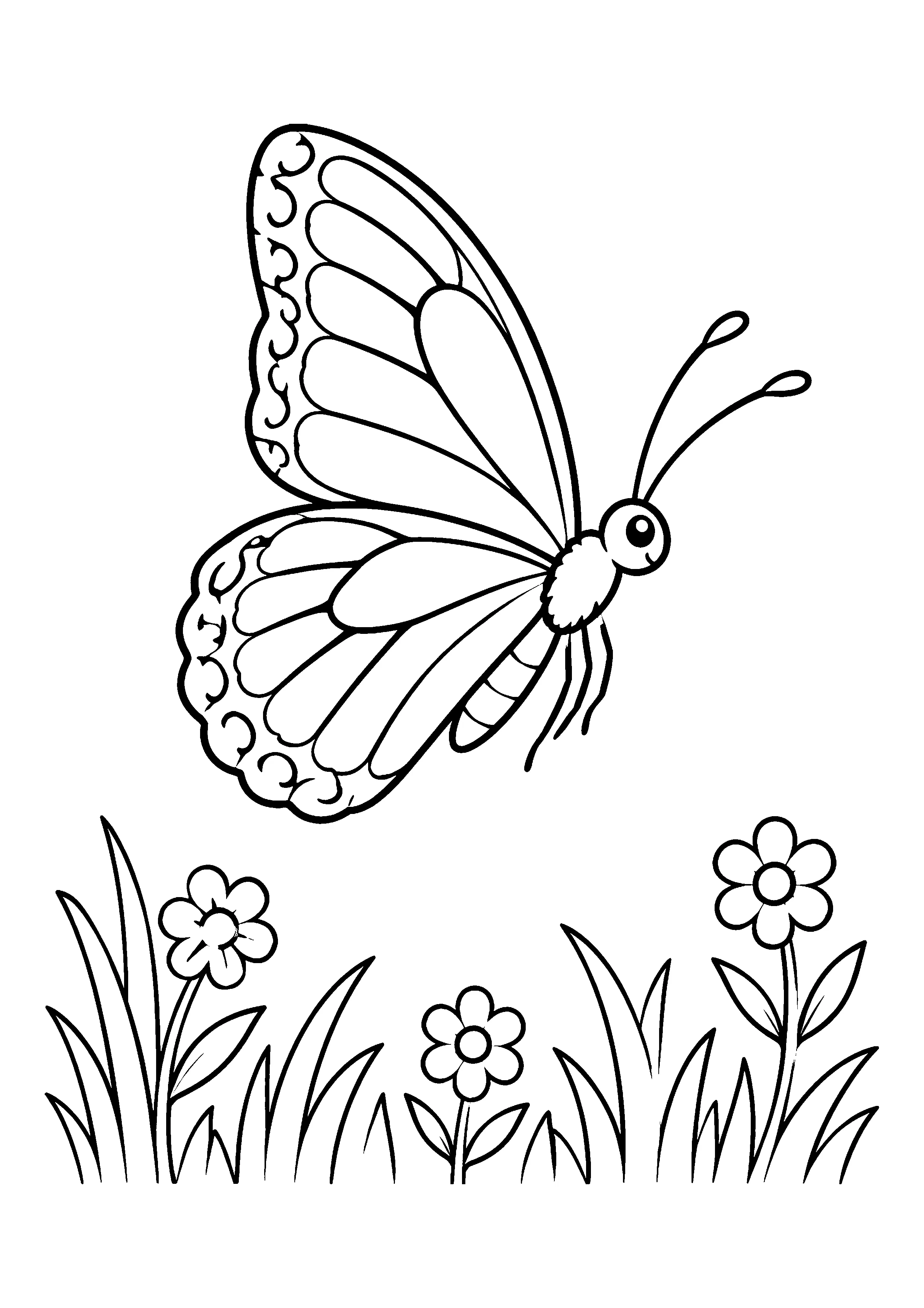 Butterfly flying over flowers coloring page, printable line art