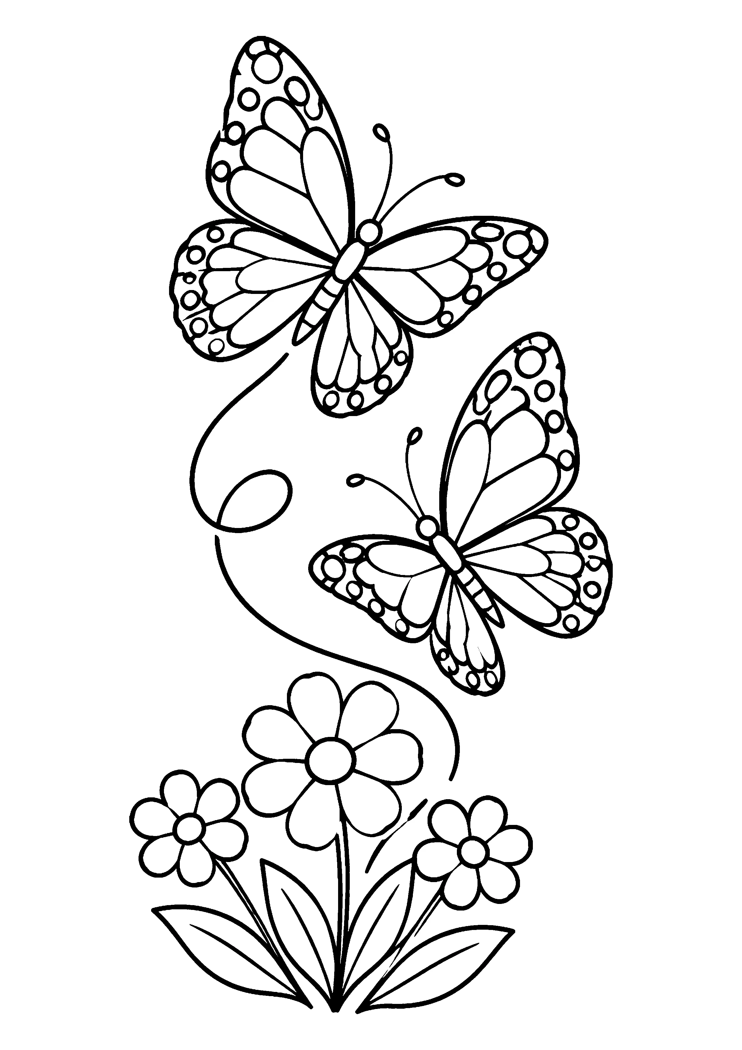 Two butterflies above flowers coloring page, printable line art