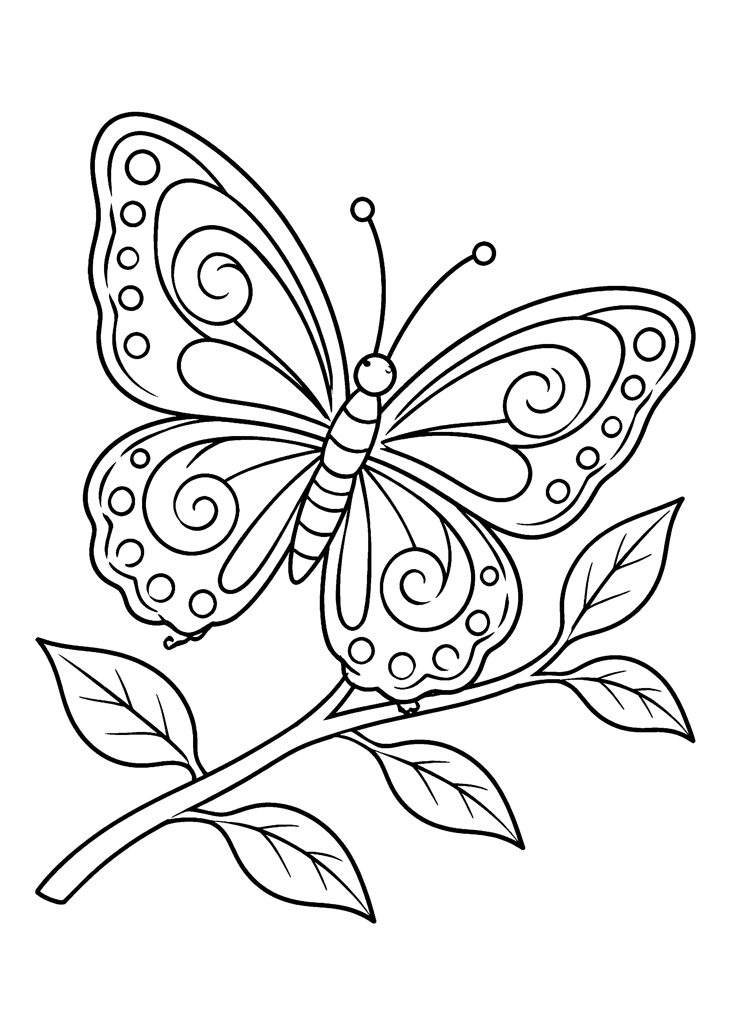 Butterfly on a leafy branch coloring page, printable line art