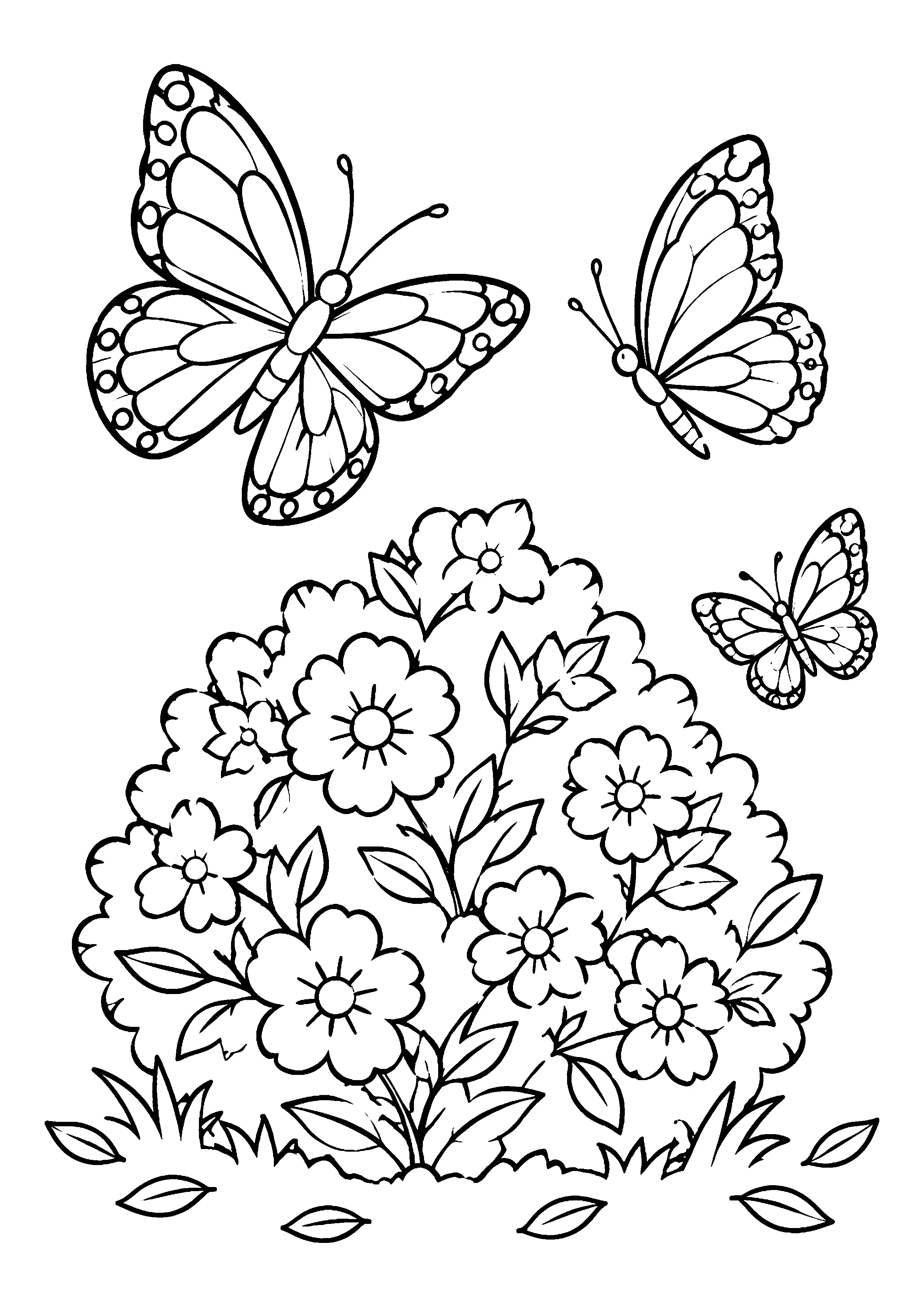 Butterflies above flowering bush coloring page, printable line art