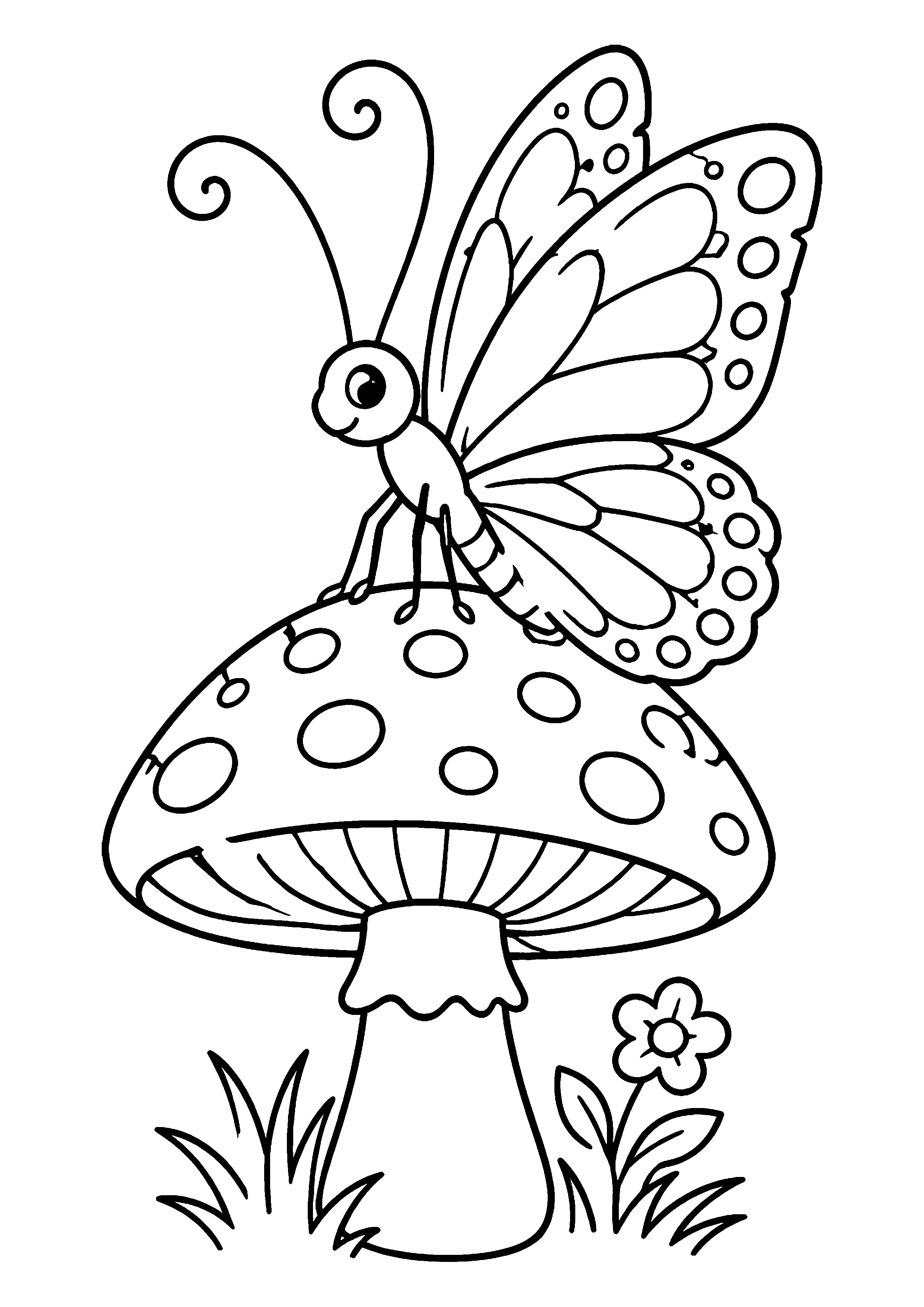 Butterfly on spotted mushroom coloring page, printable line art