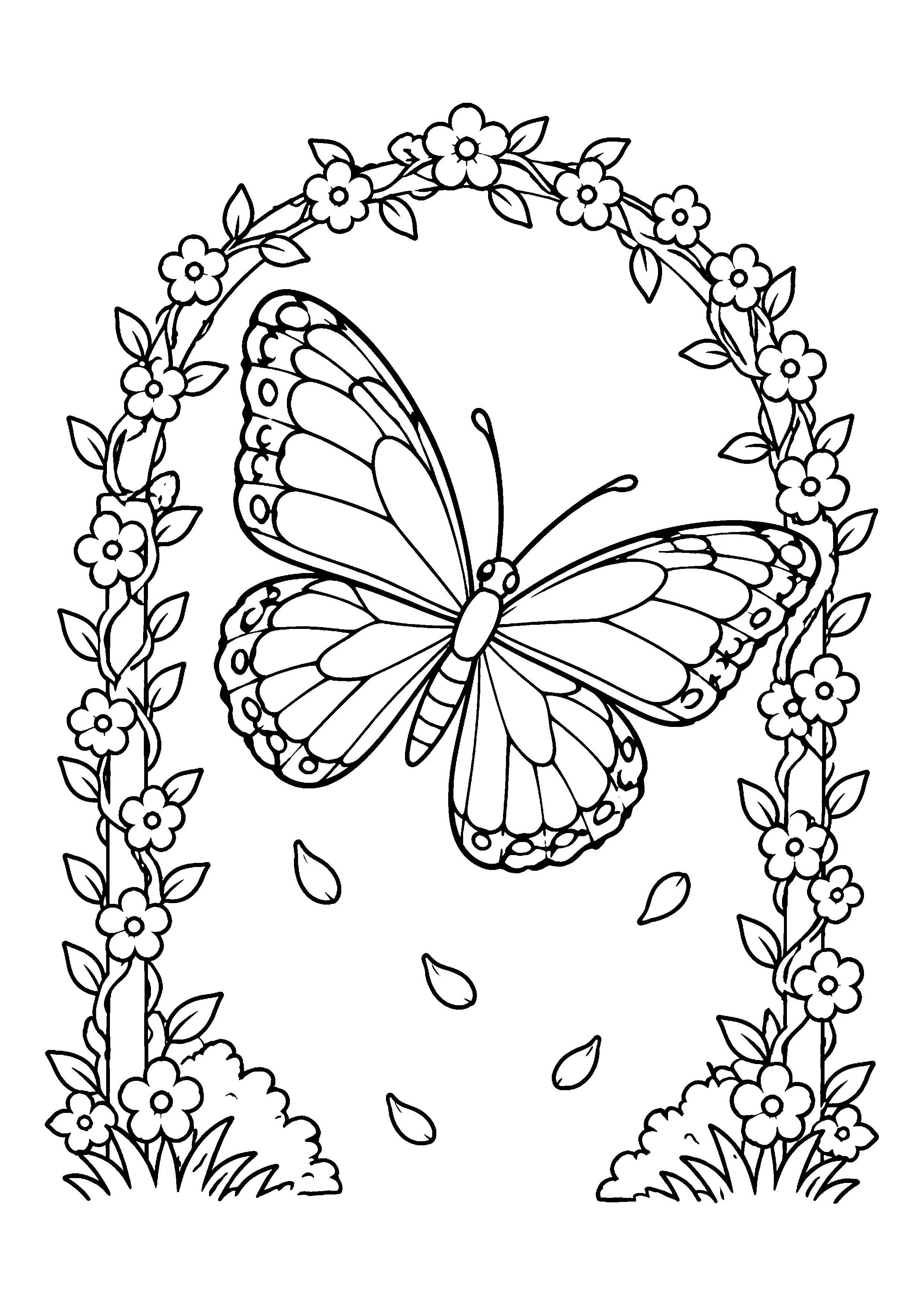 Butterfly under flower arch coloring page, printable line art