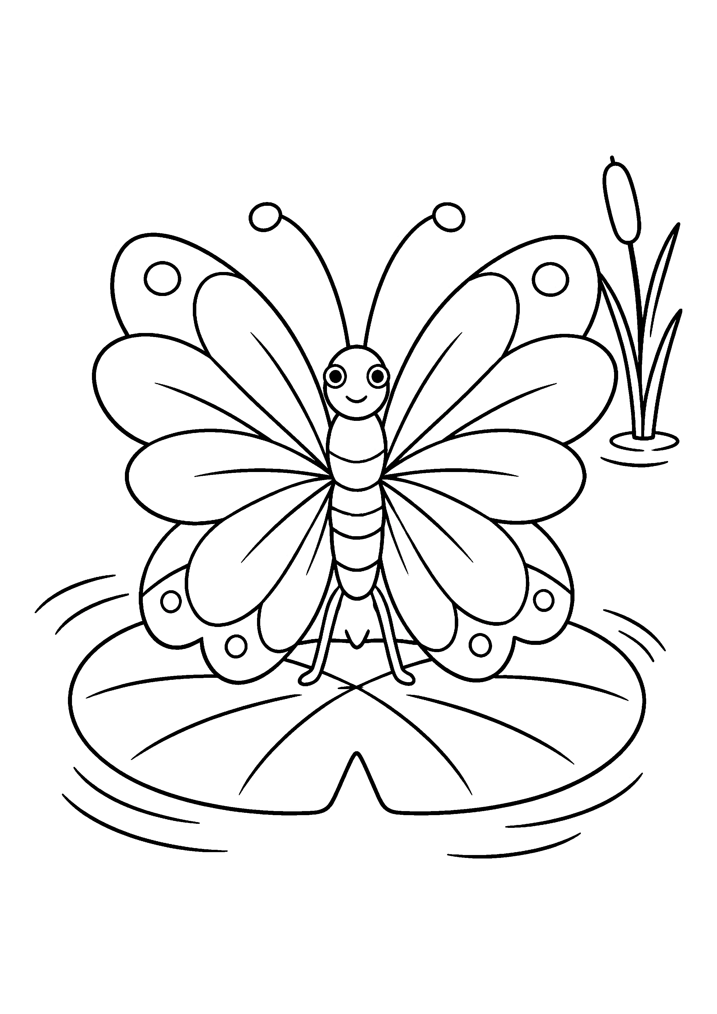 Butterfly on a lily pad coloring page, printable line art