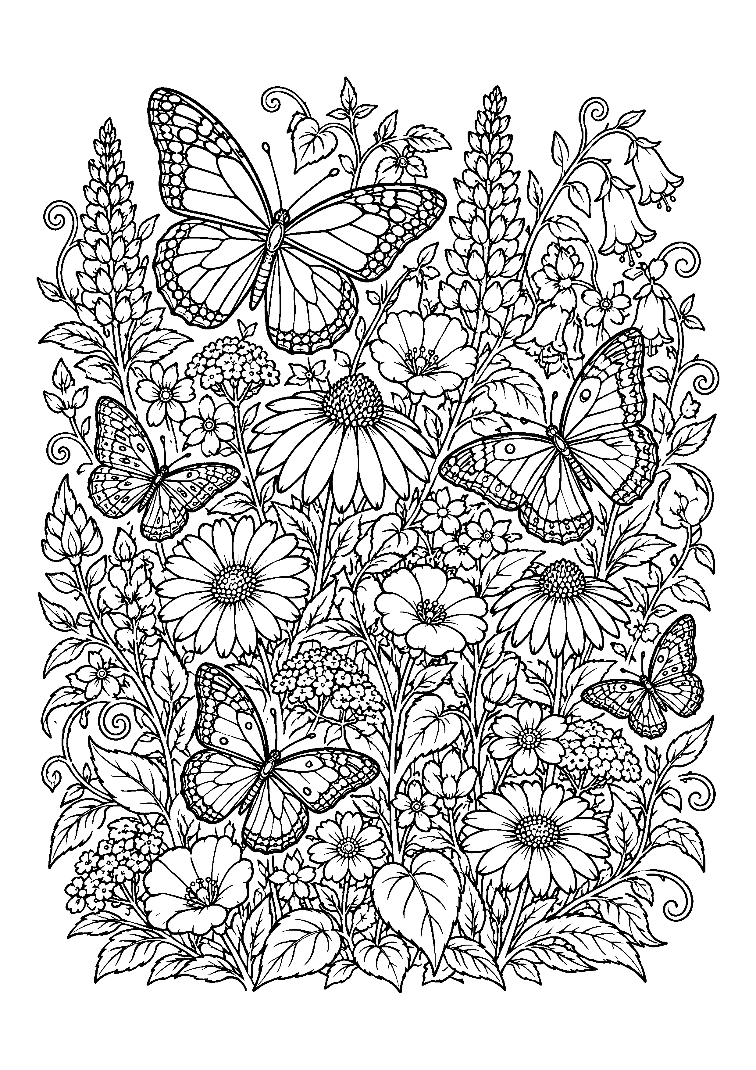 Five butterflies in wildflower garden coloring page, printable line art
