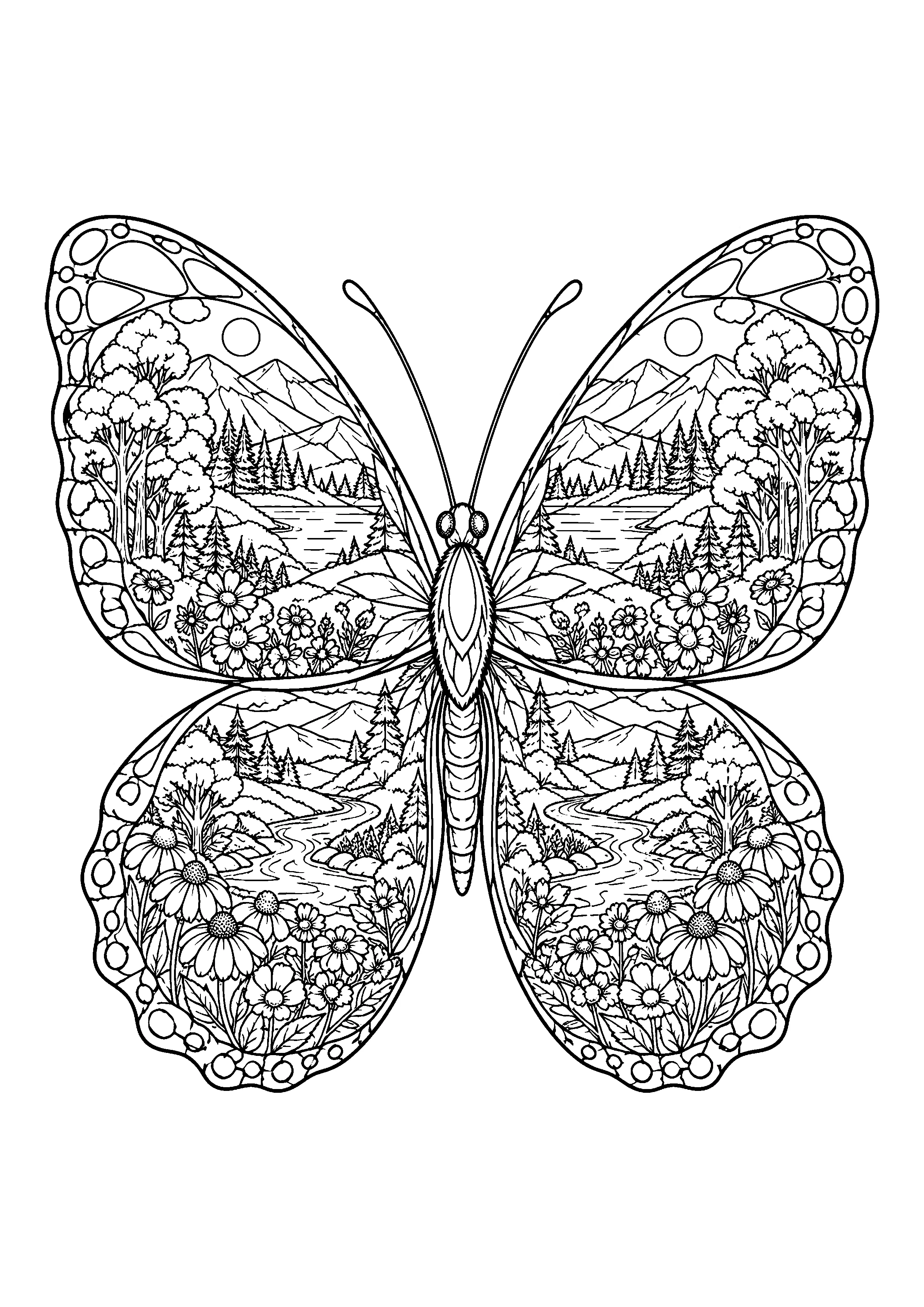Butterfly with landscape wings coloring page, printable line art