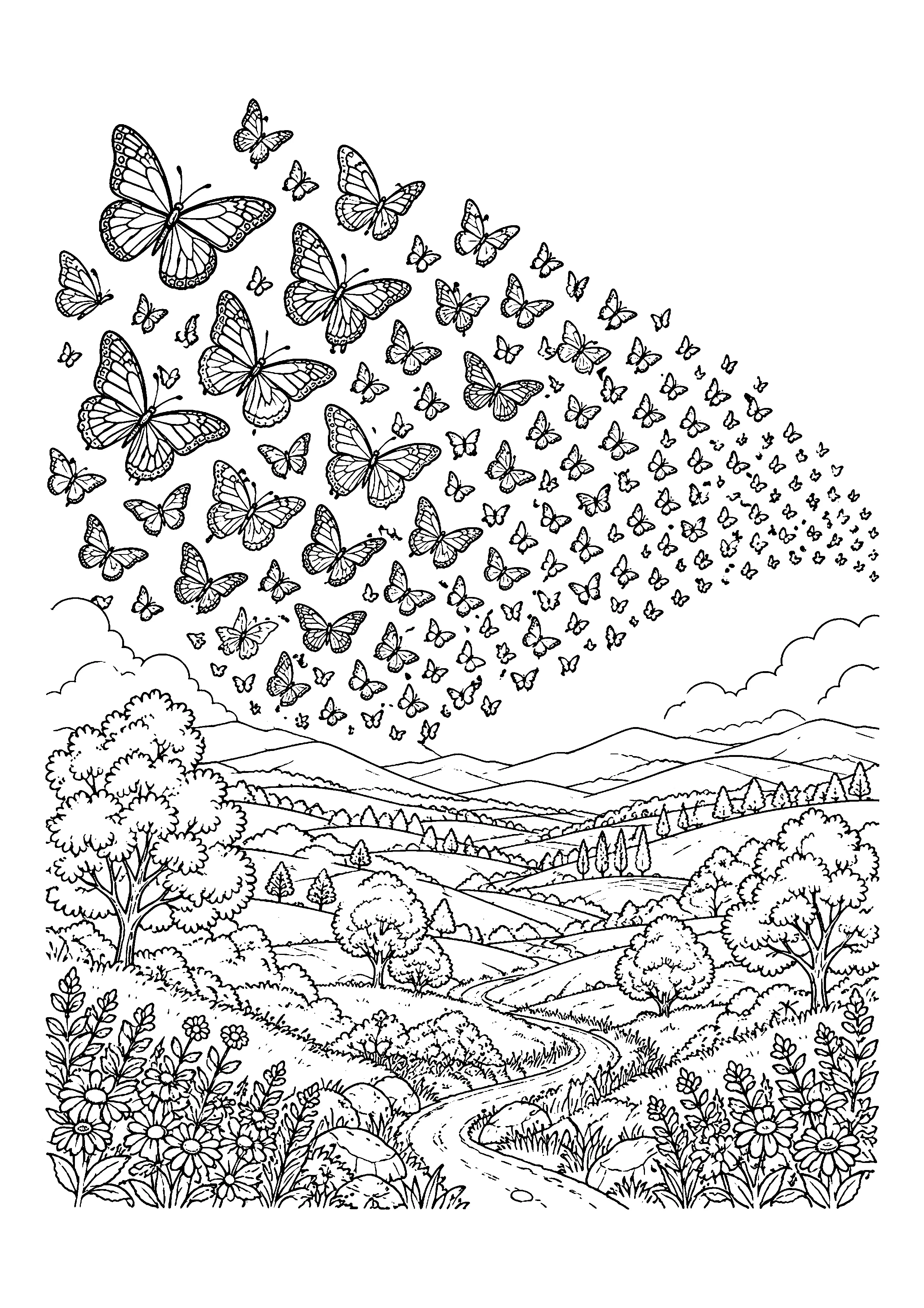 Butterfly swarm over valley coloring page, printable line art