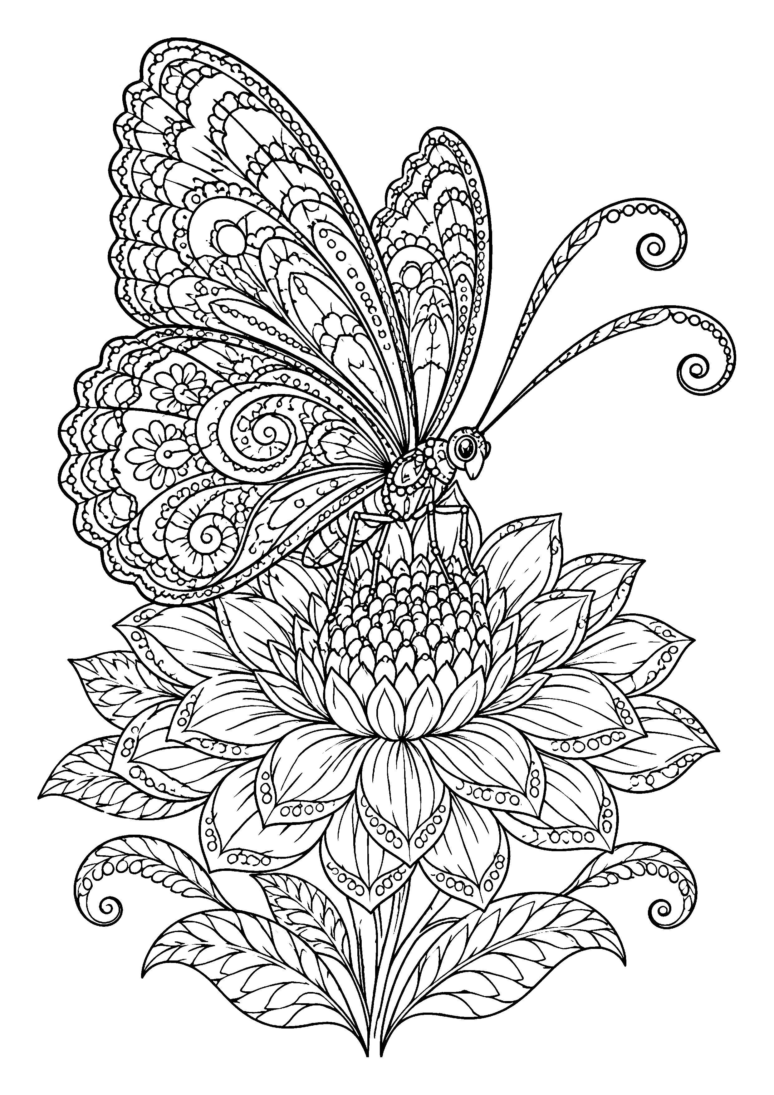Butterfly on lotus flower coloring page, printable line art
