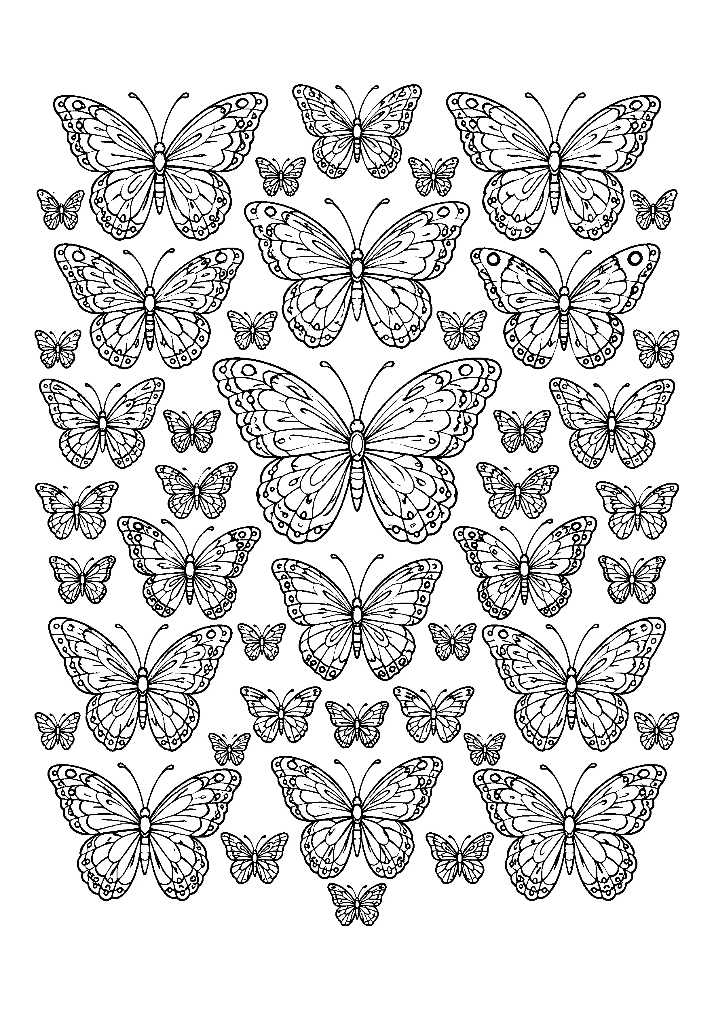 Repeating butterfly pattern coloring page, printable line art