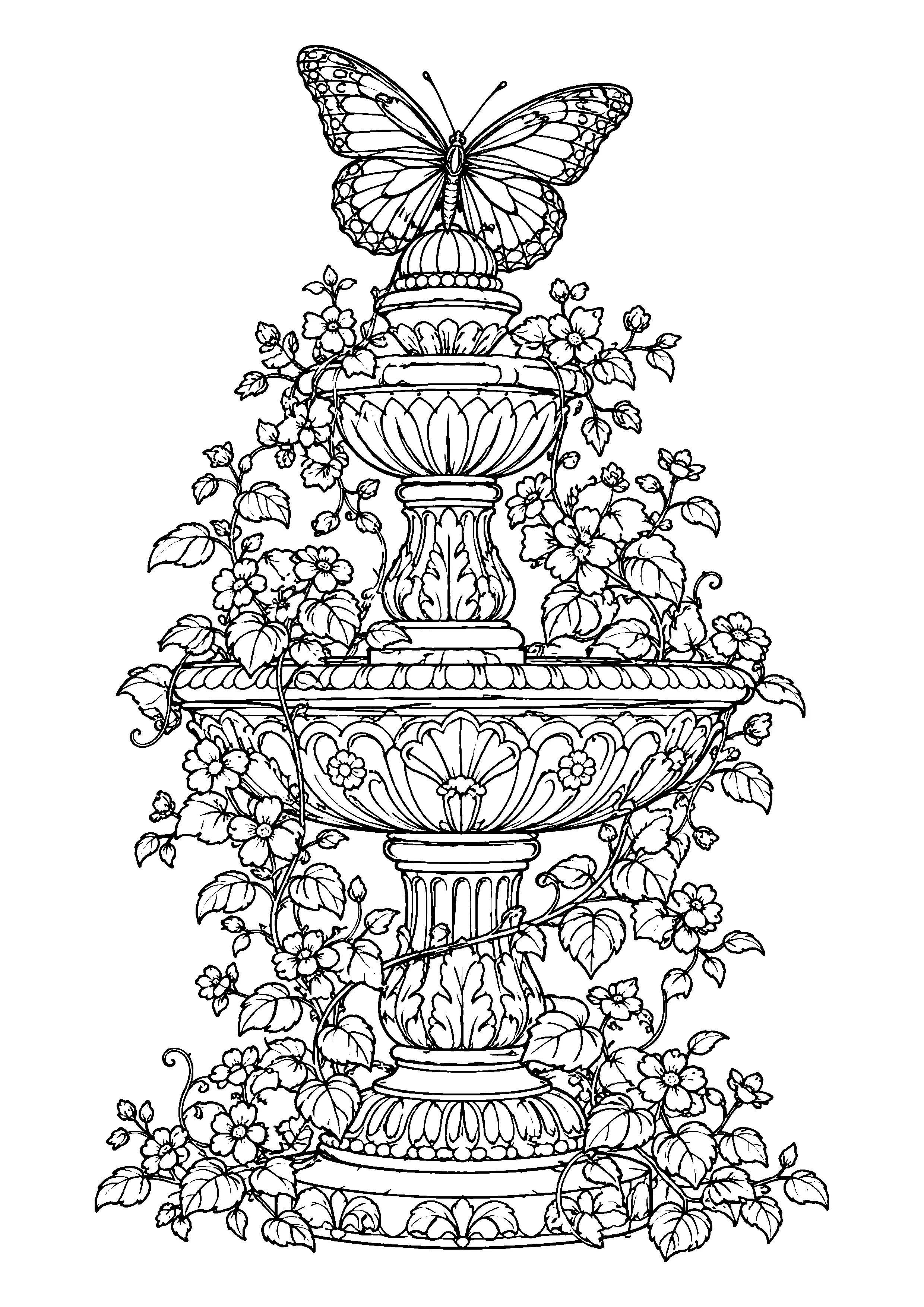 Butterfly on garden fountain coloring page, printable line art