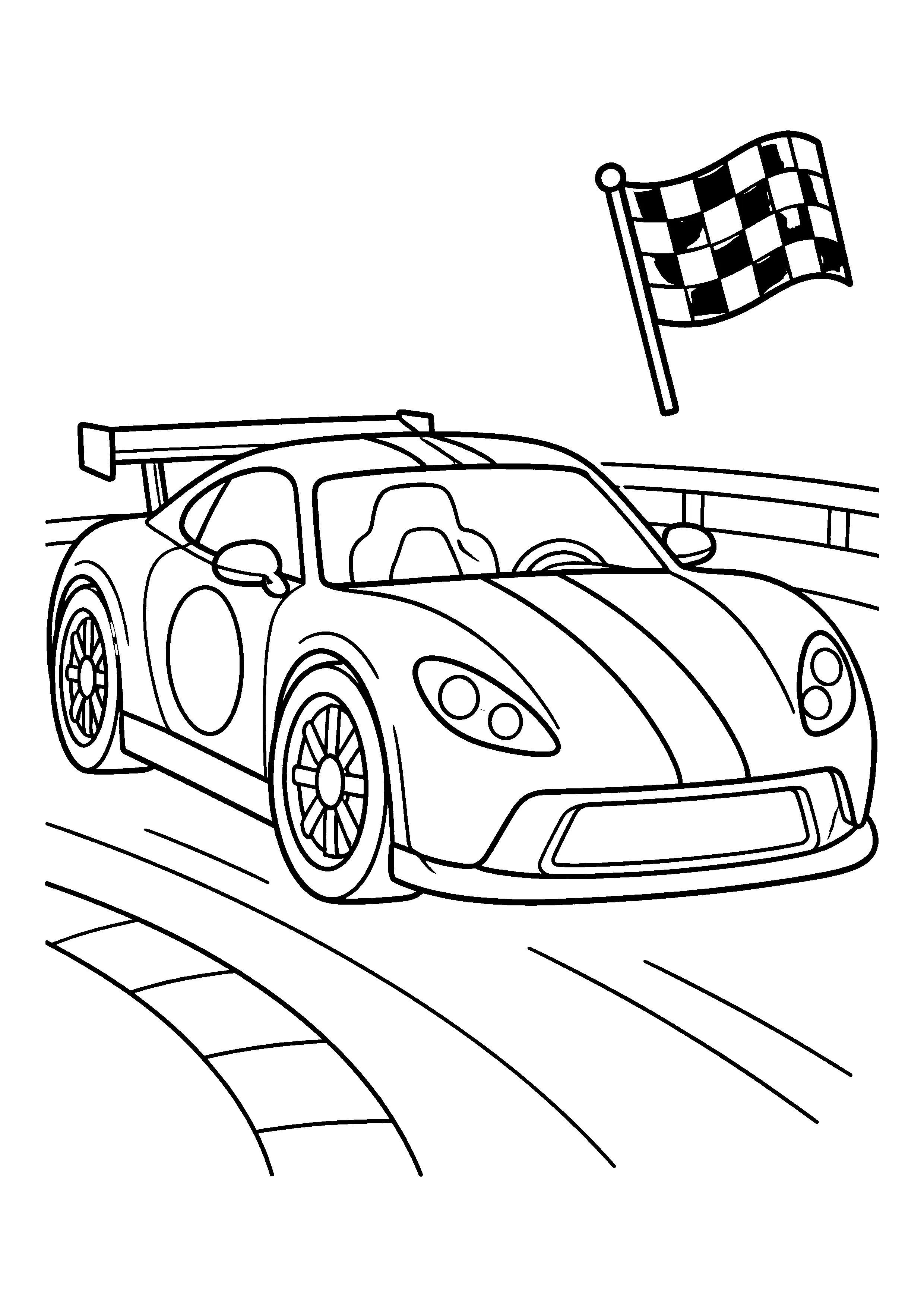 Race car with flag coloring page, printable line art