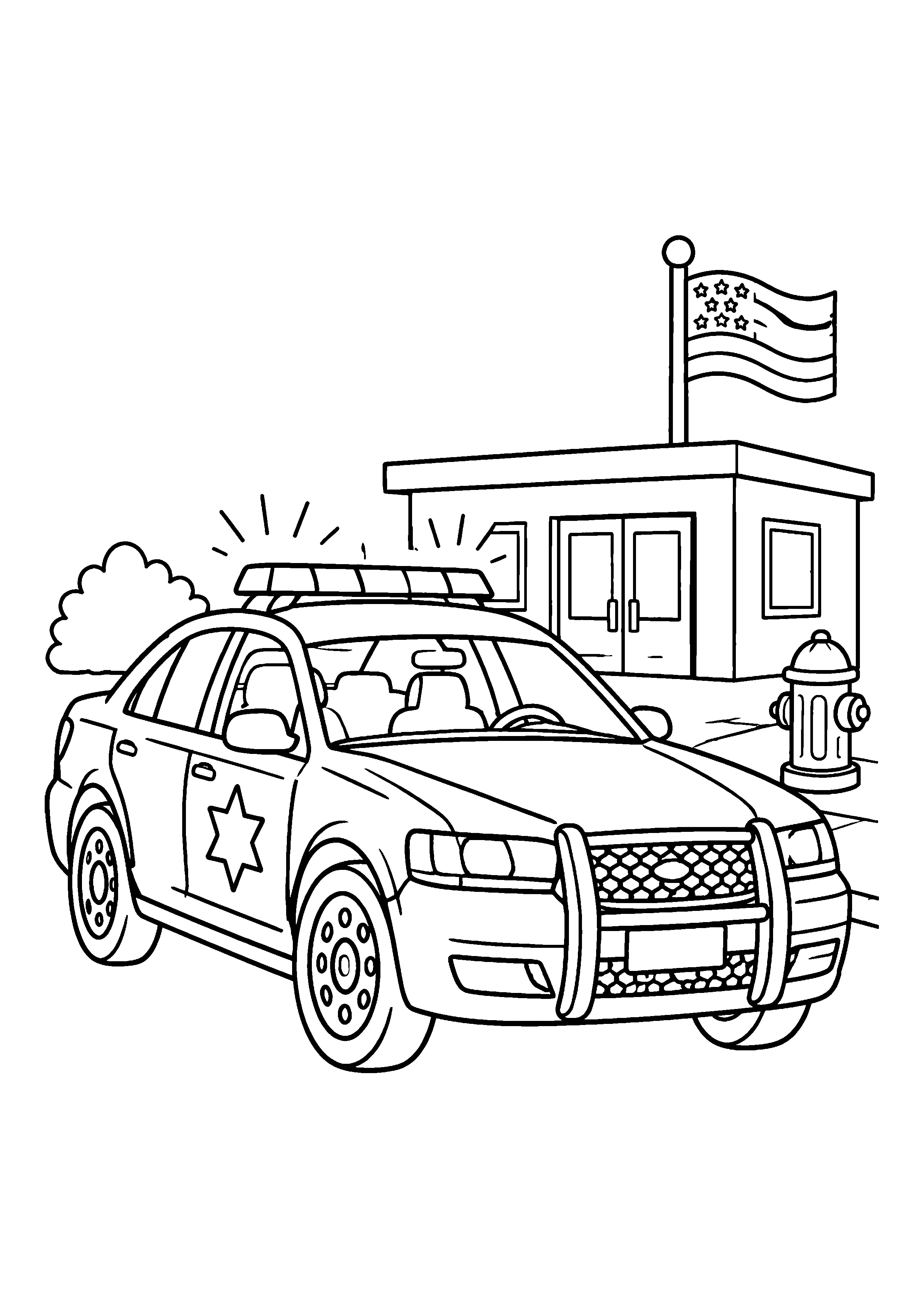 Police car outside station coloring page, printable line art