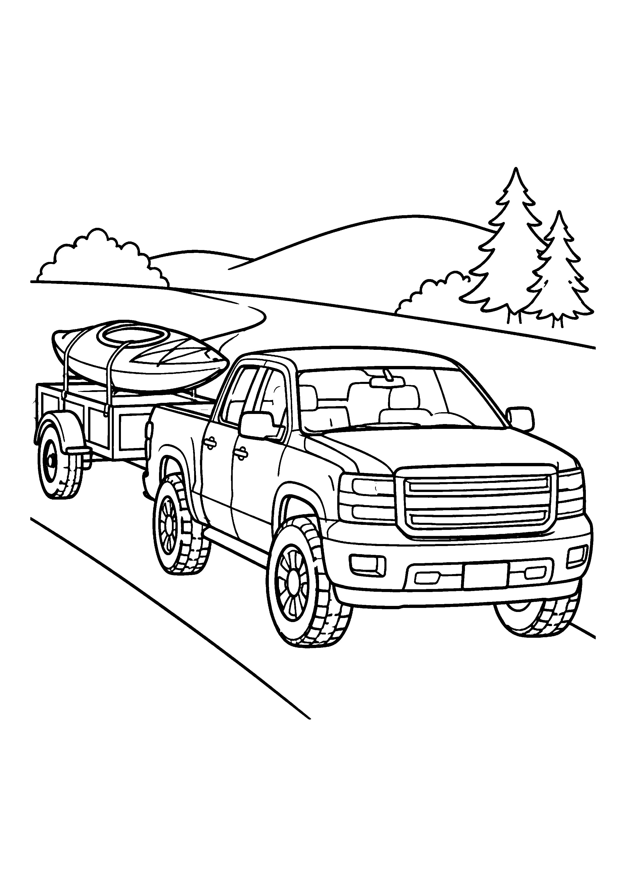 Pickup truck towing kayak trailer coloring page, printable line art