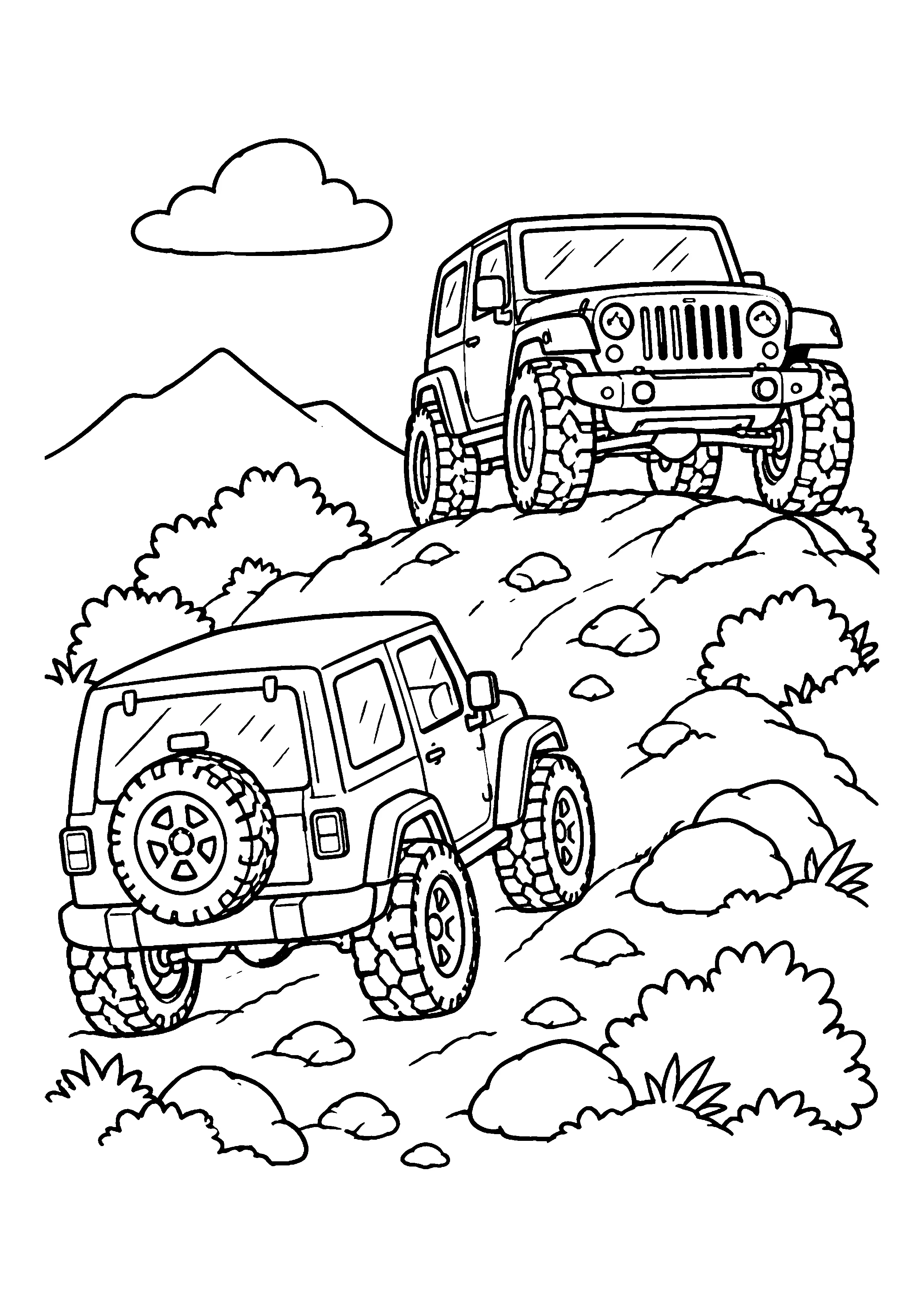 Two jeeps on a rocky hill coloring page, printable line art