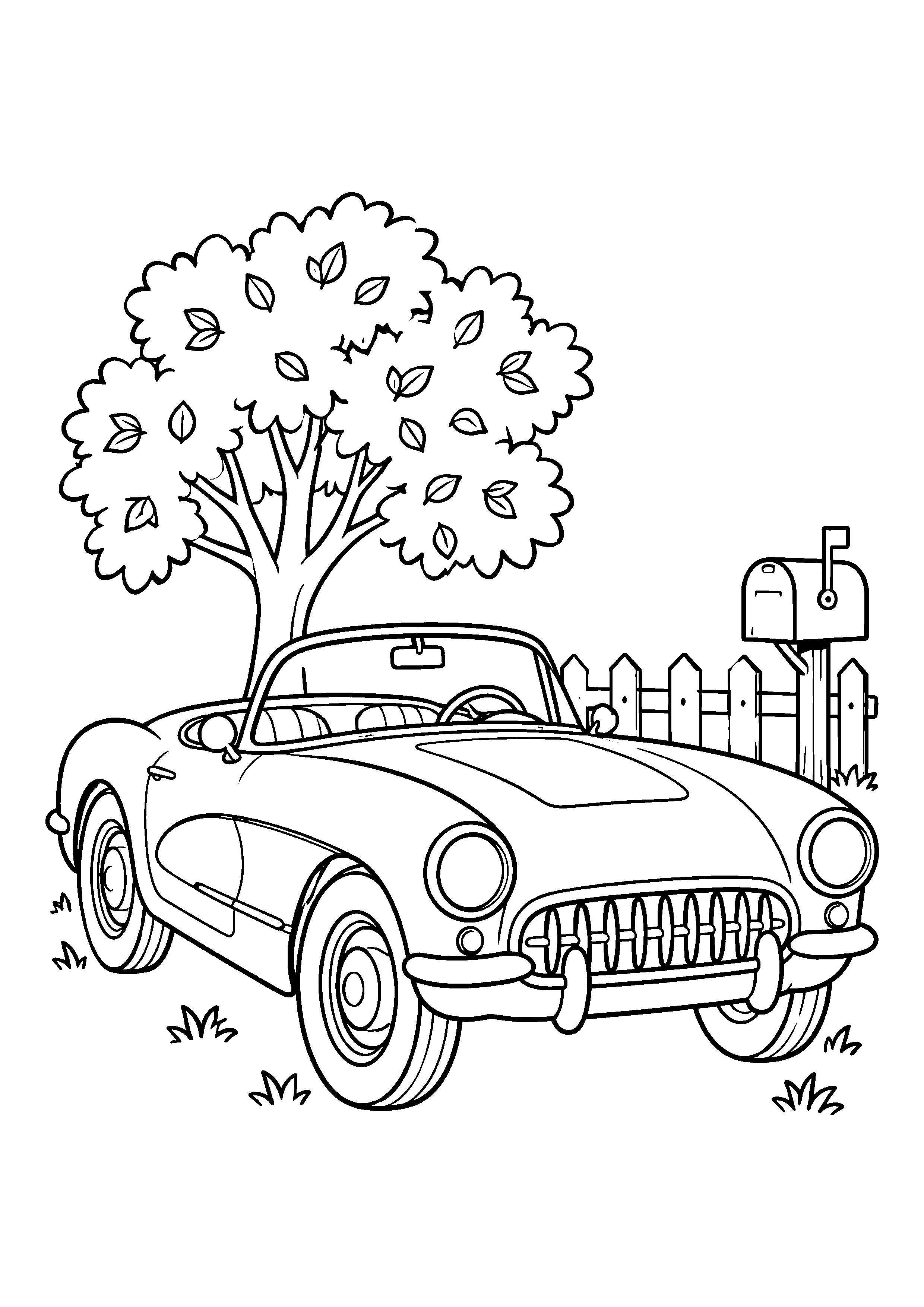 Vintage convertible and mailbox coloring page, printable line art