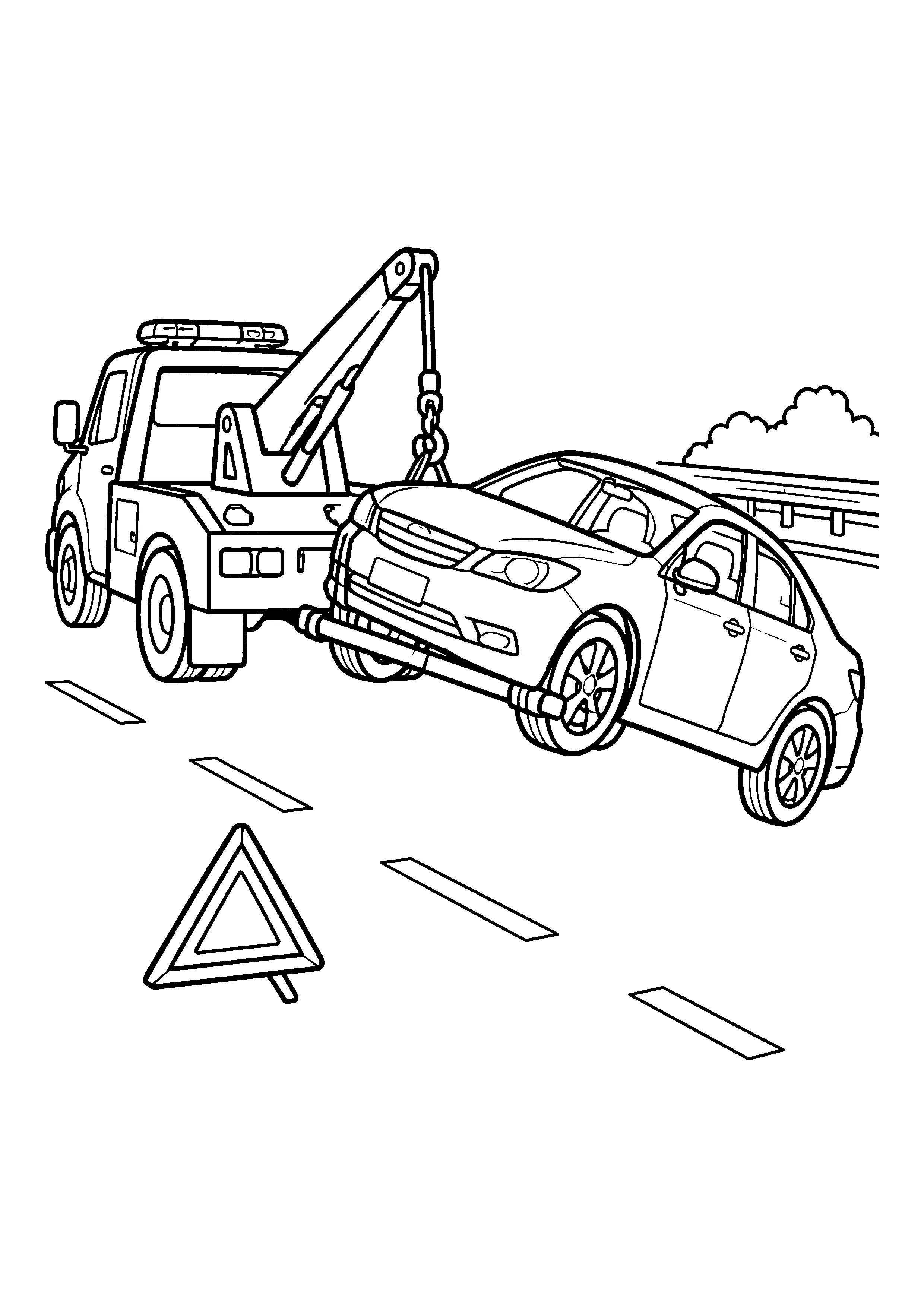 Tow truck lifting car coloring page, printable line art