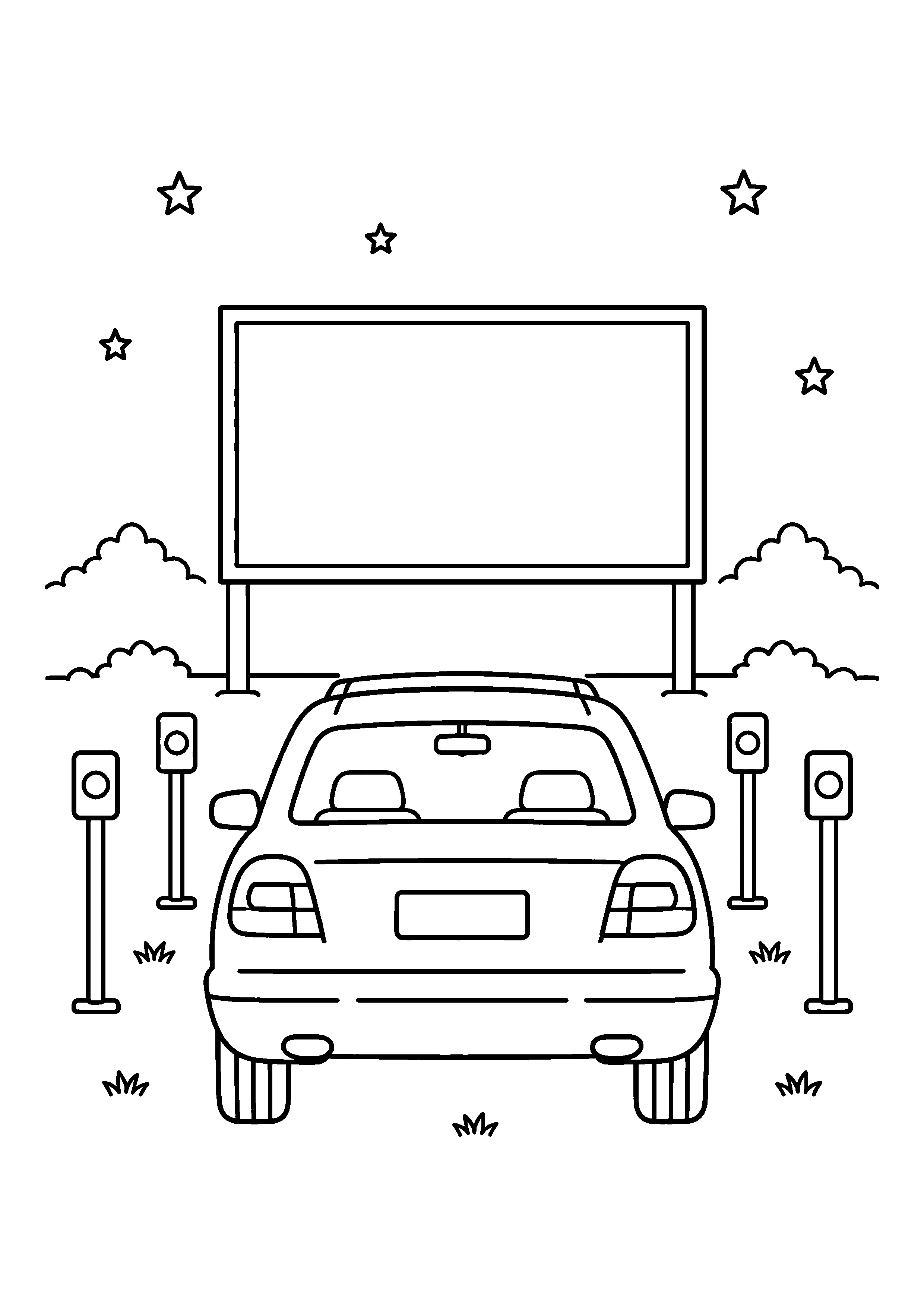 Car at drive-in screen coloring page, printable line art