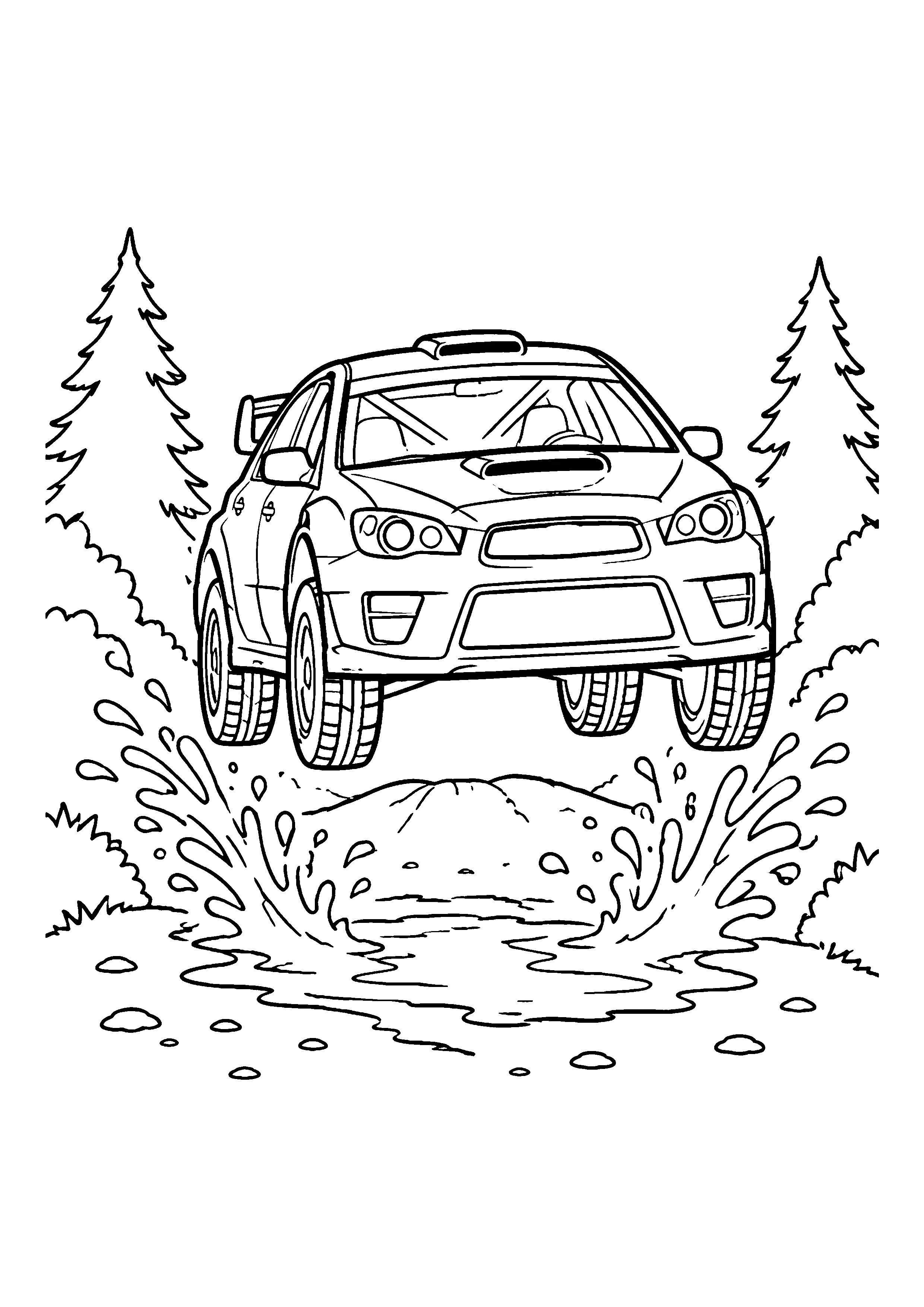 Rally car water splash coloring page, printable line art