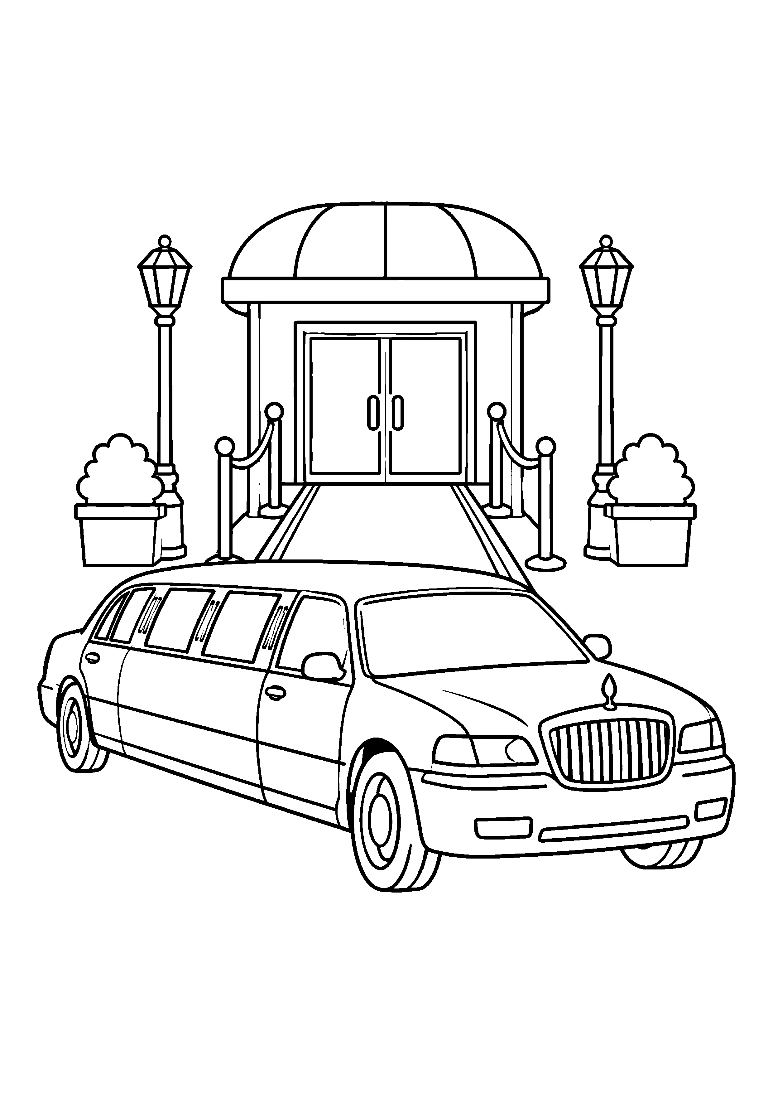 Limousine at hotel entrance coloring page, printable line art