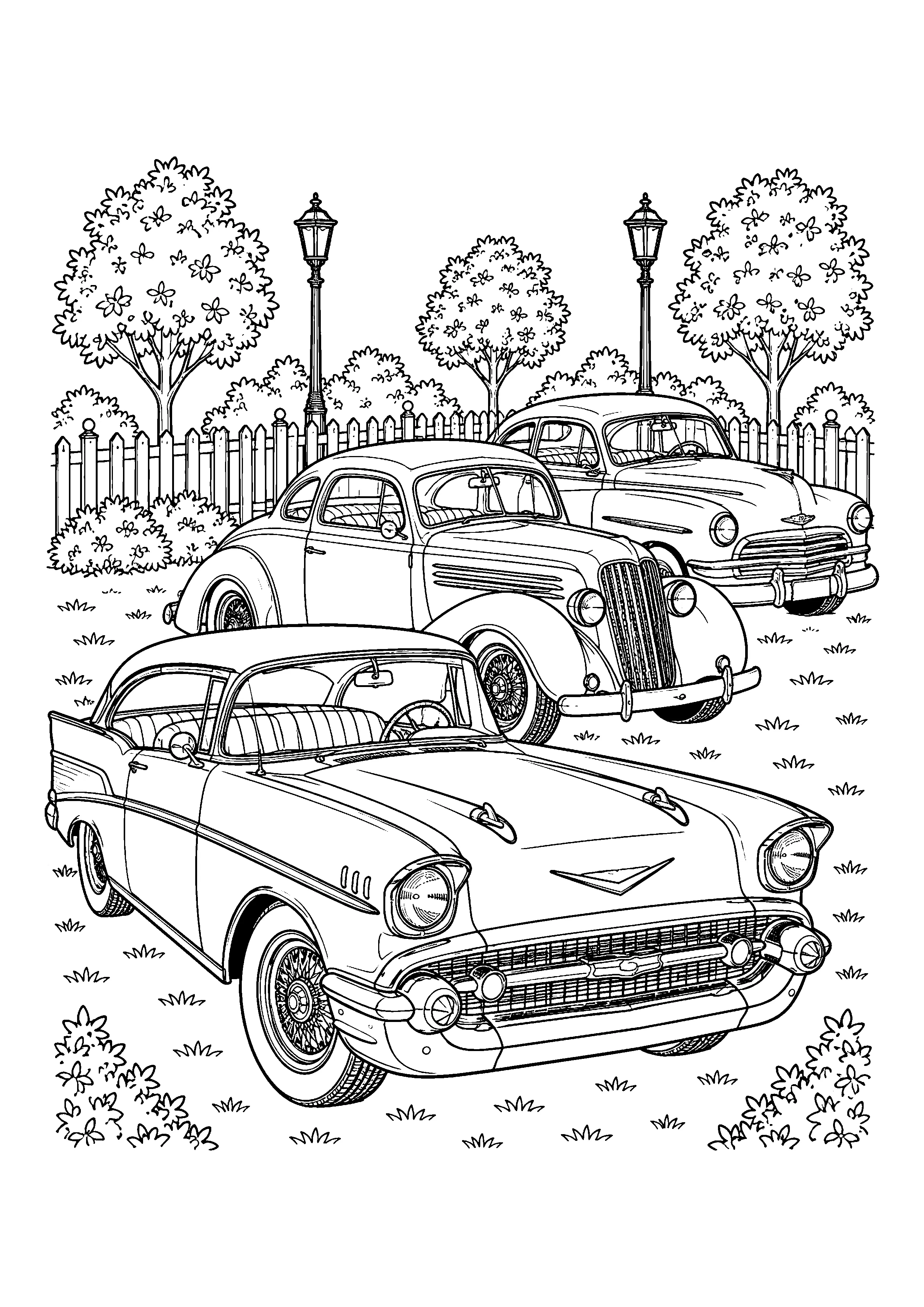 Three classic cars coloring page, printable line art