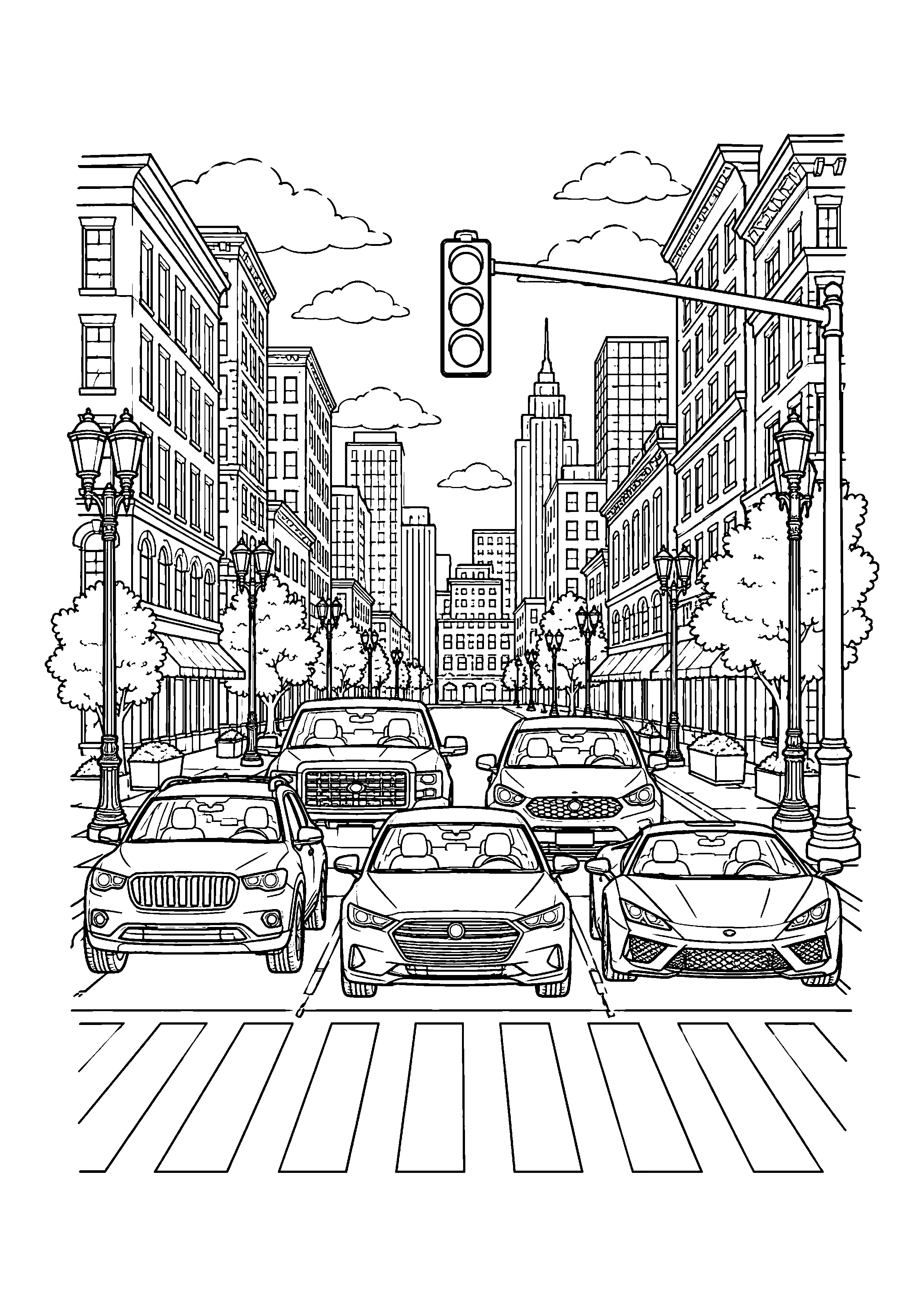 Cars waiting at city crosswalk coloring page, printable line art