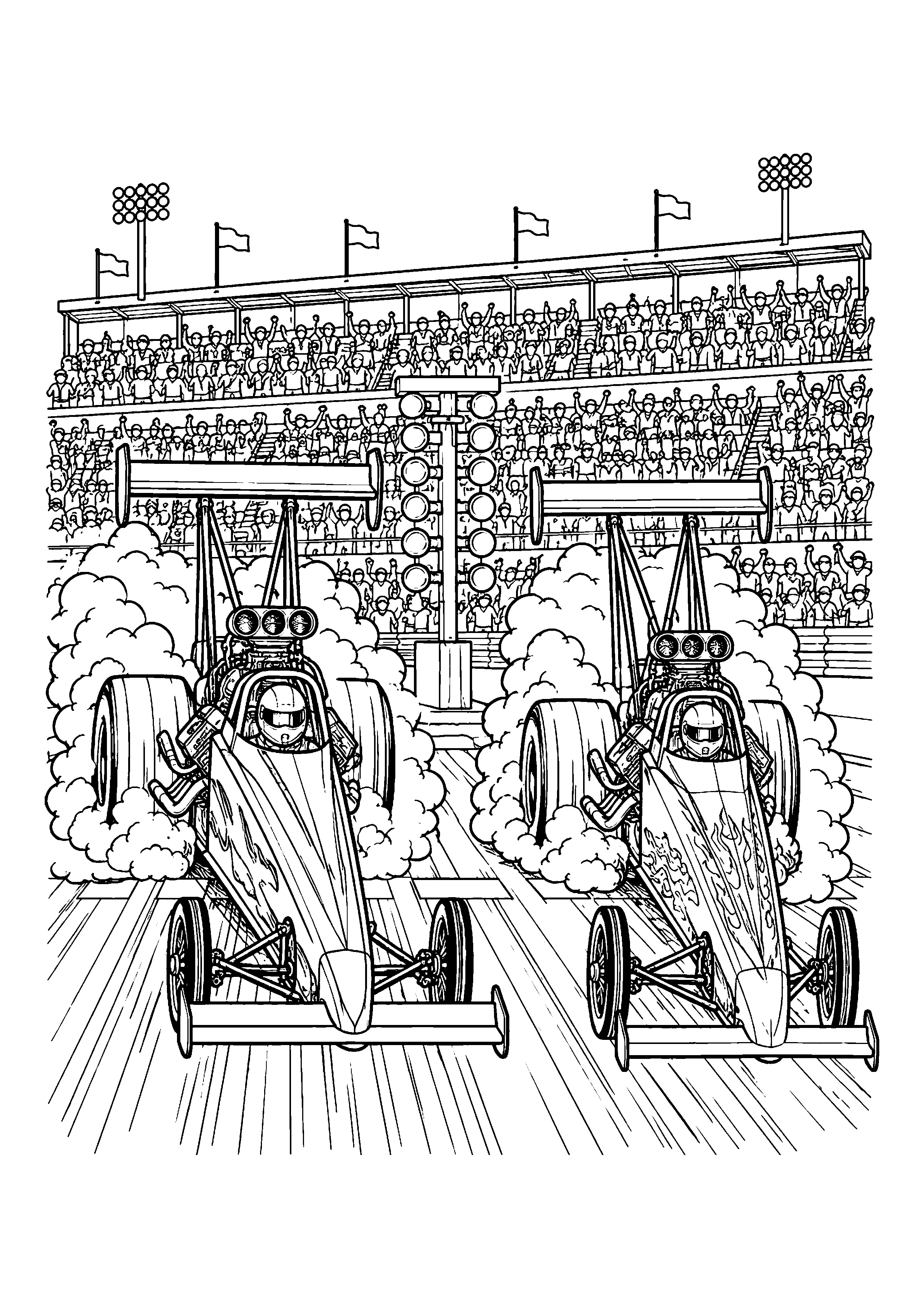 Two dragsters at the starting line coloring page, printable line art