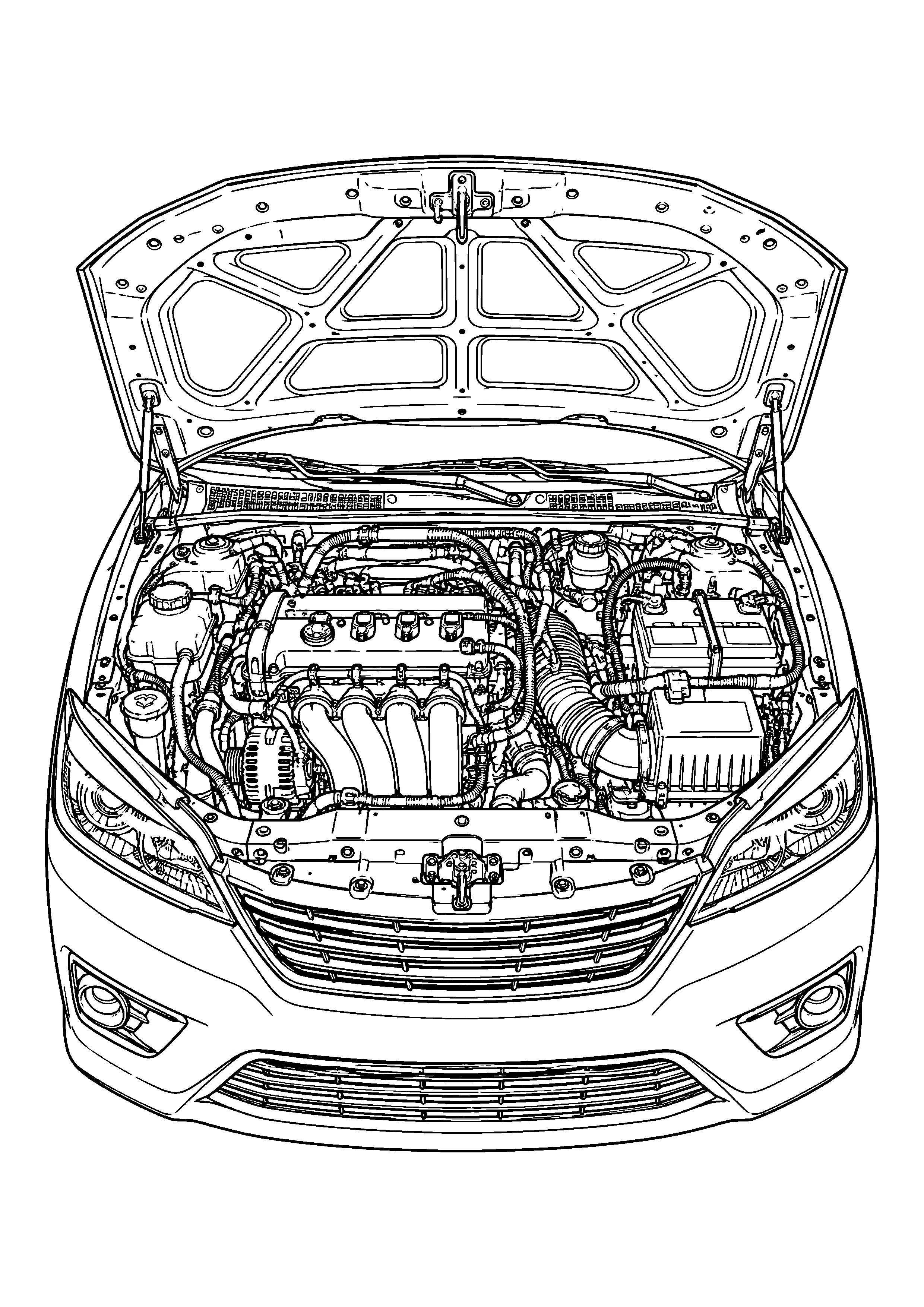 Car with open hood coloring page, printable line art