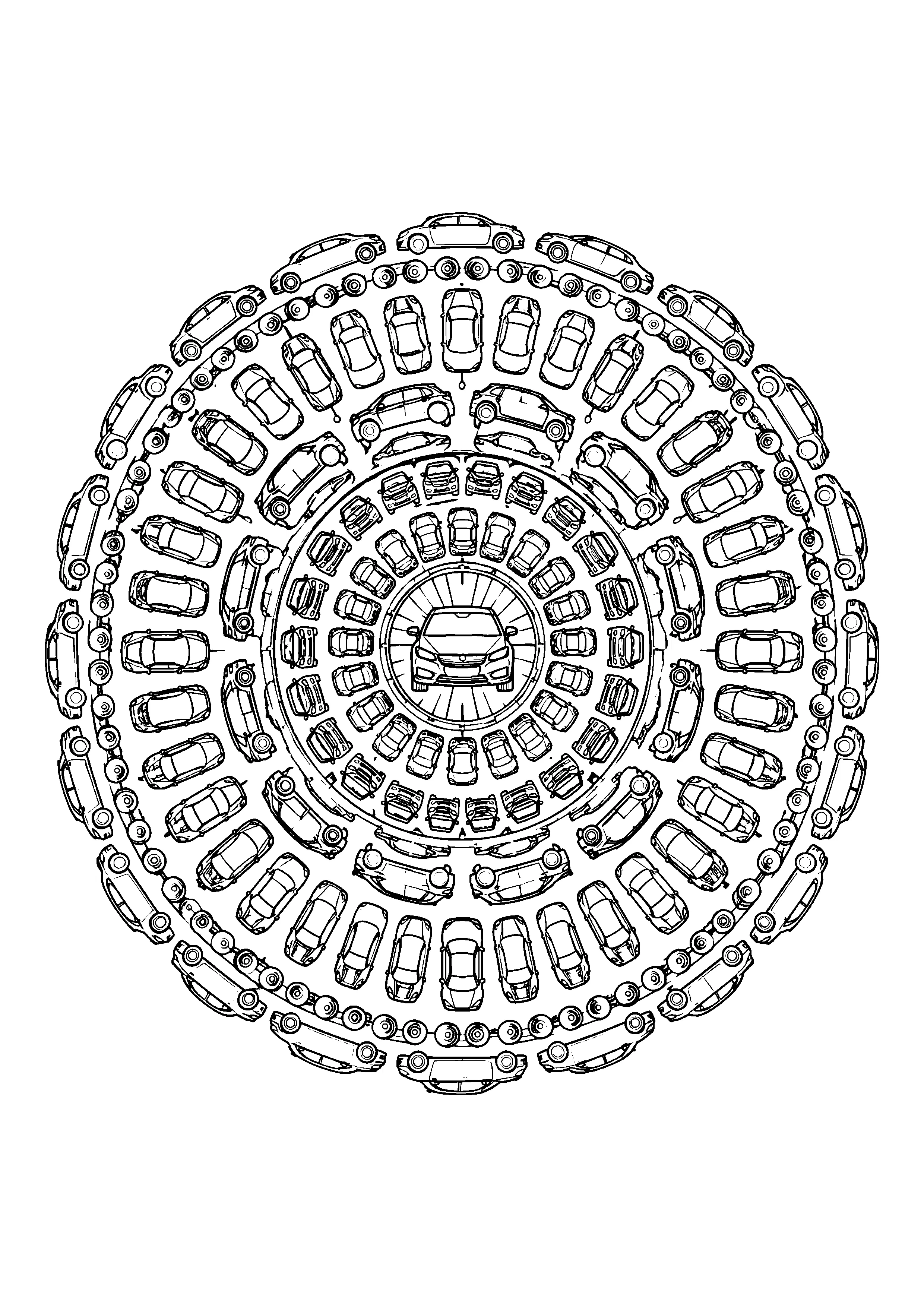 Concentric car mandala coloring page, printable line art