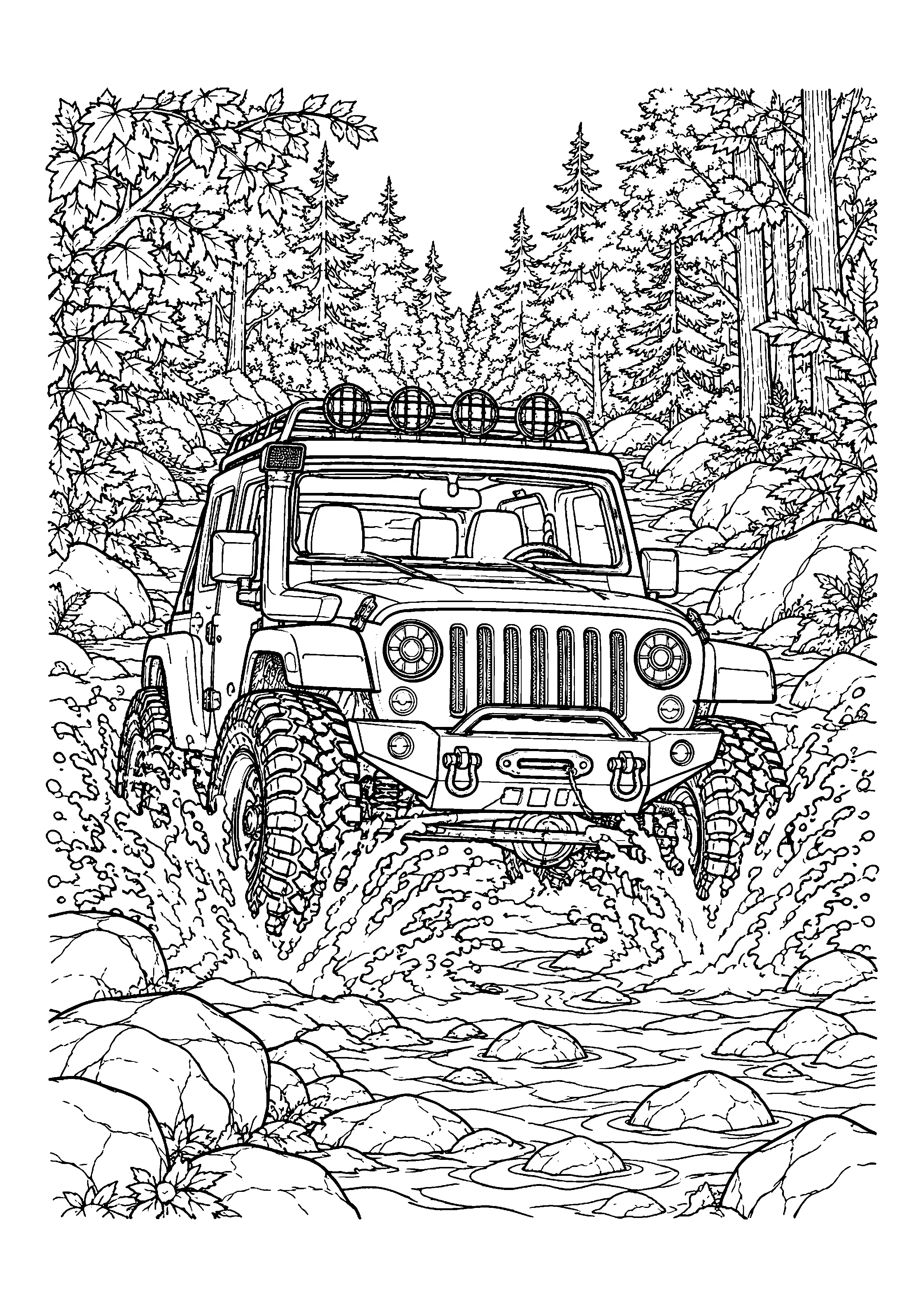 Jeep crossing forest river coloring page, printable line art