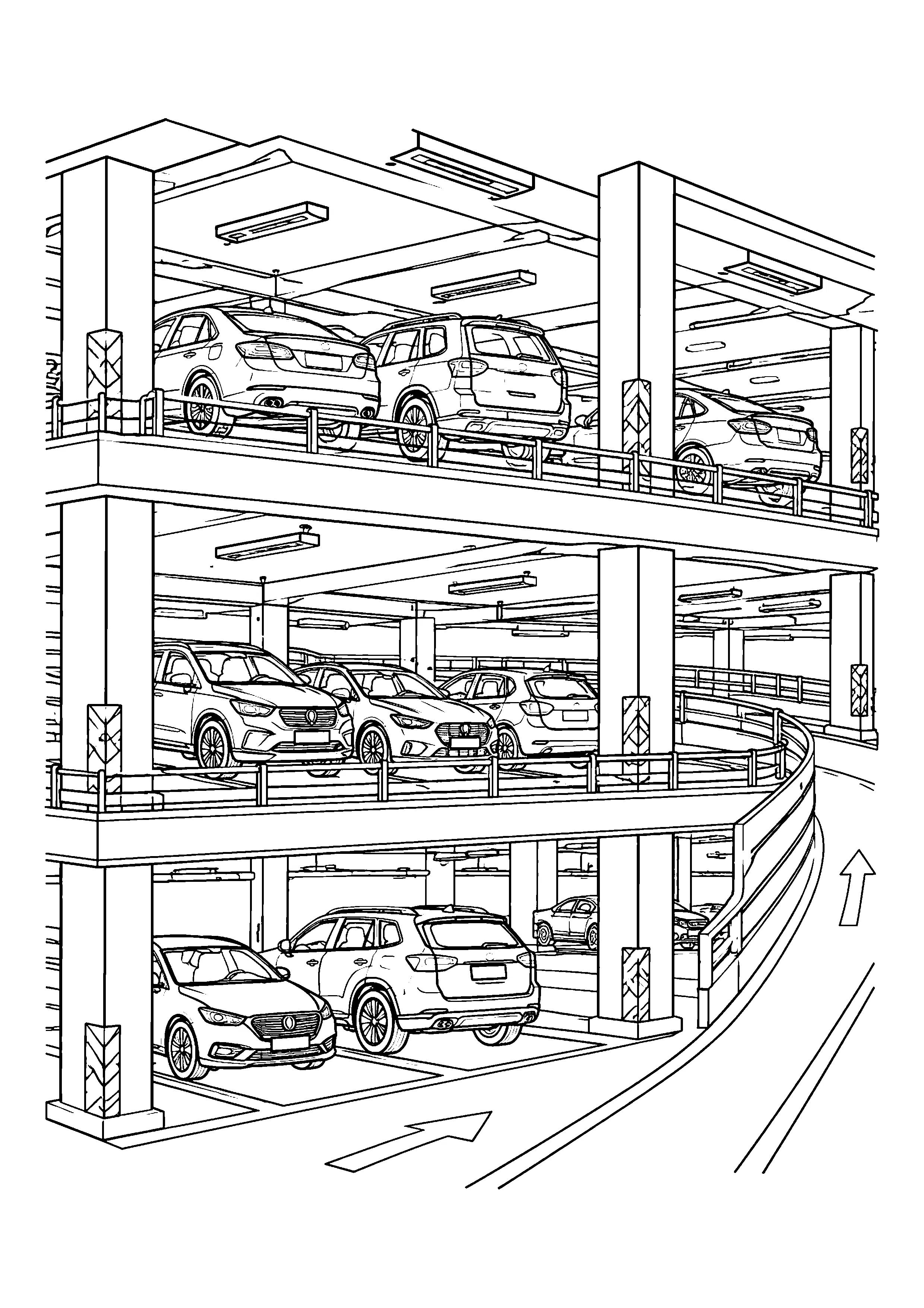 Cars in multi-level parking garage coloring page, printable line art