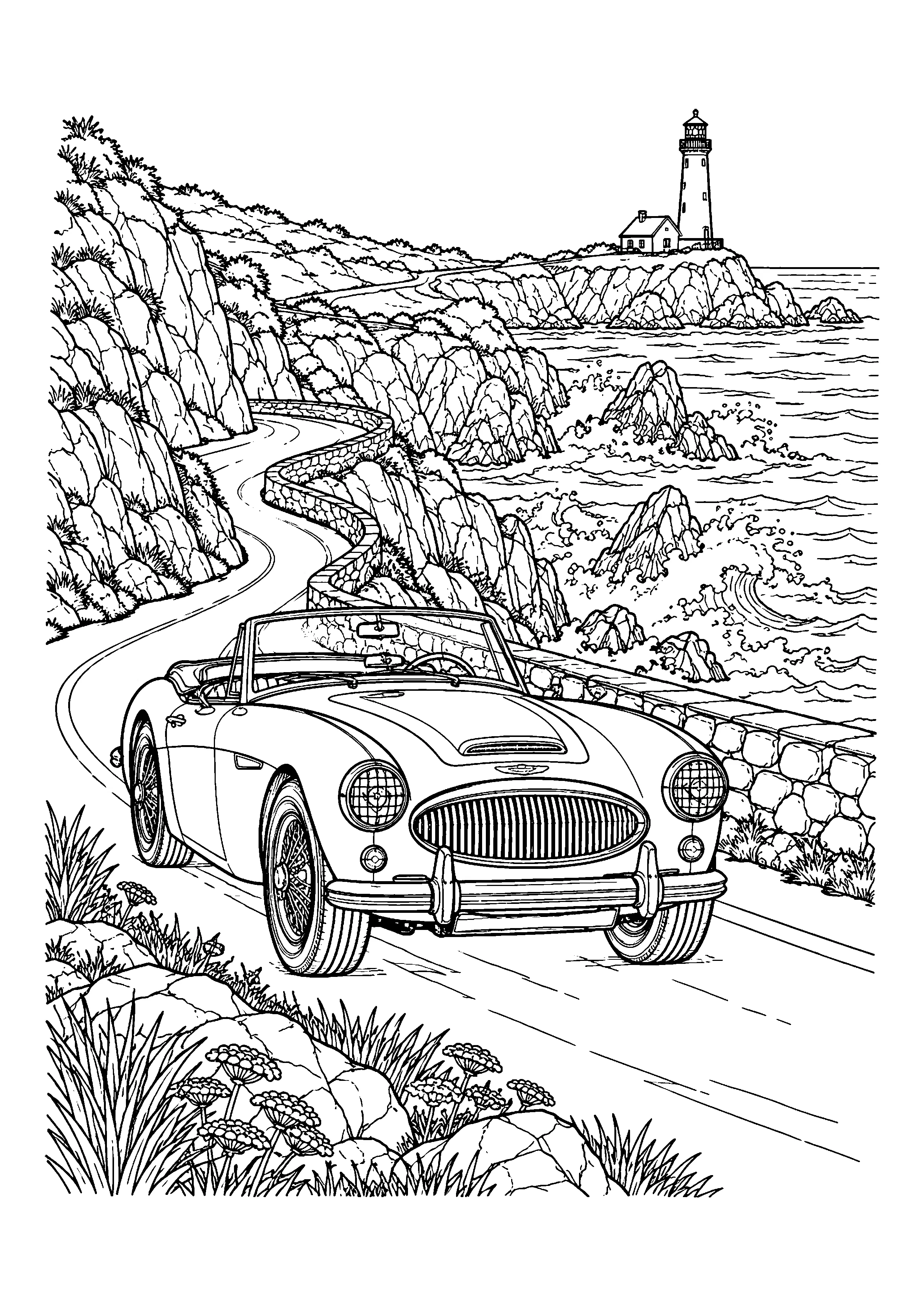 Roadster at coastal lighthouse coloring page, printable line art