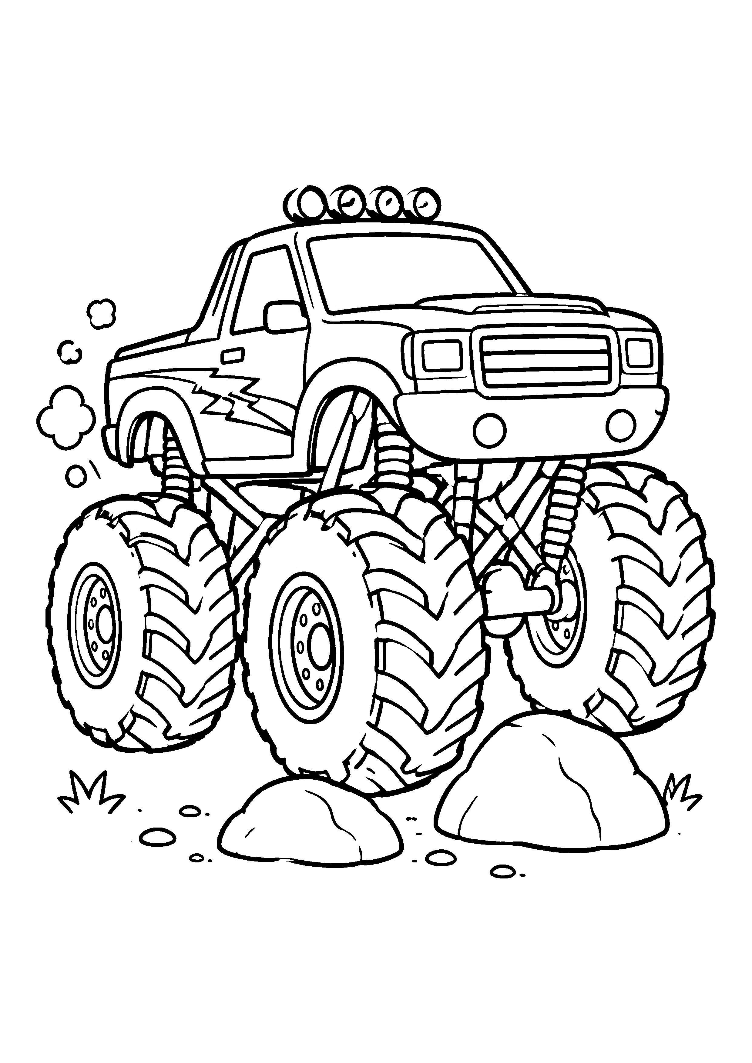 Monster truck over boulders coloring page, printable line art
