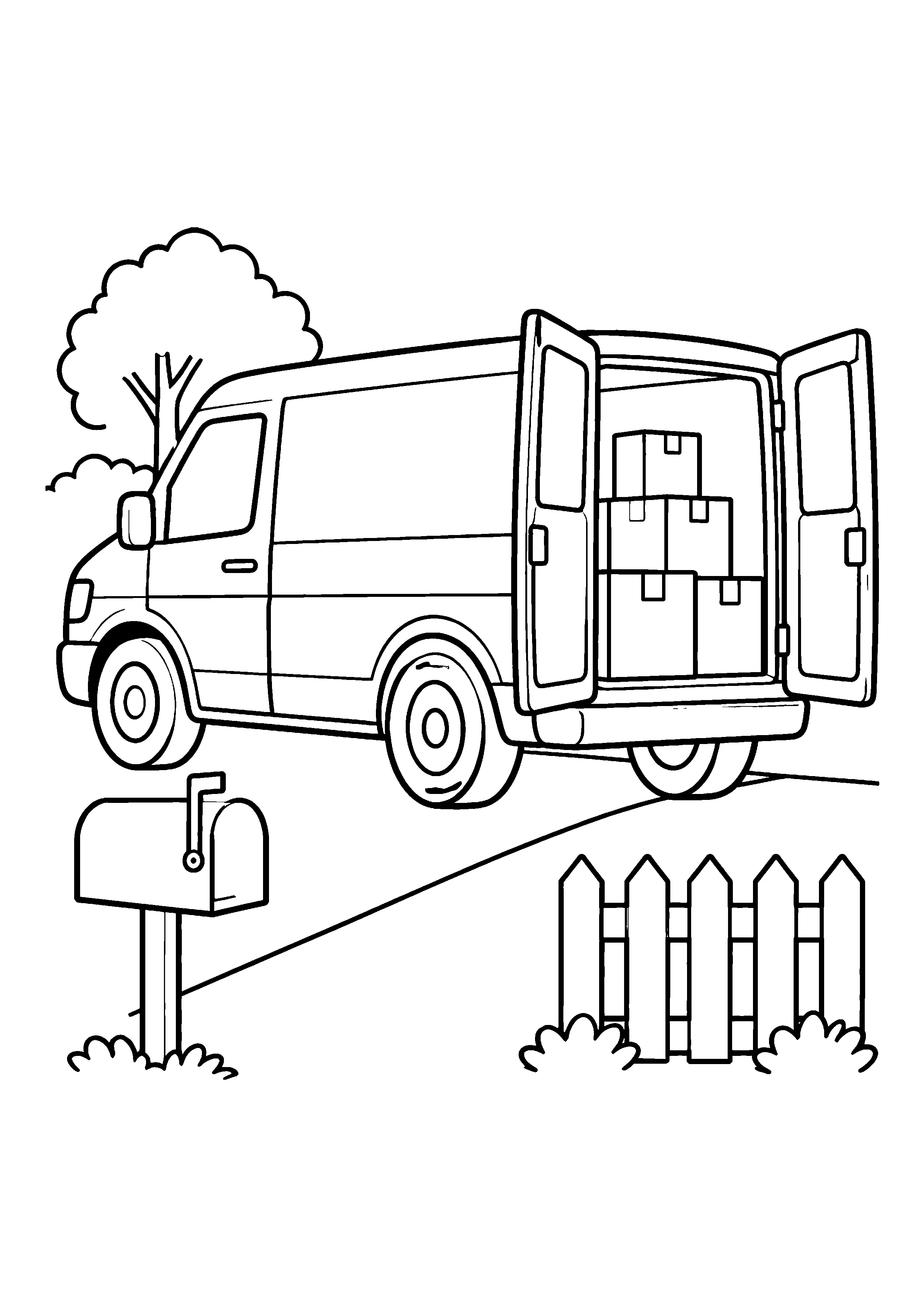 Delivery van unloading boxes coloring page, printable line art