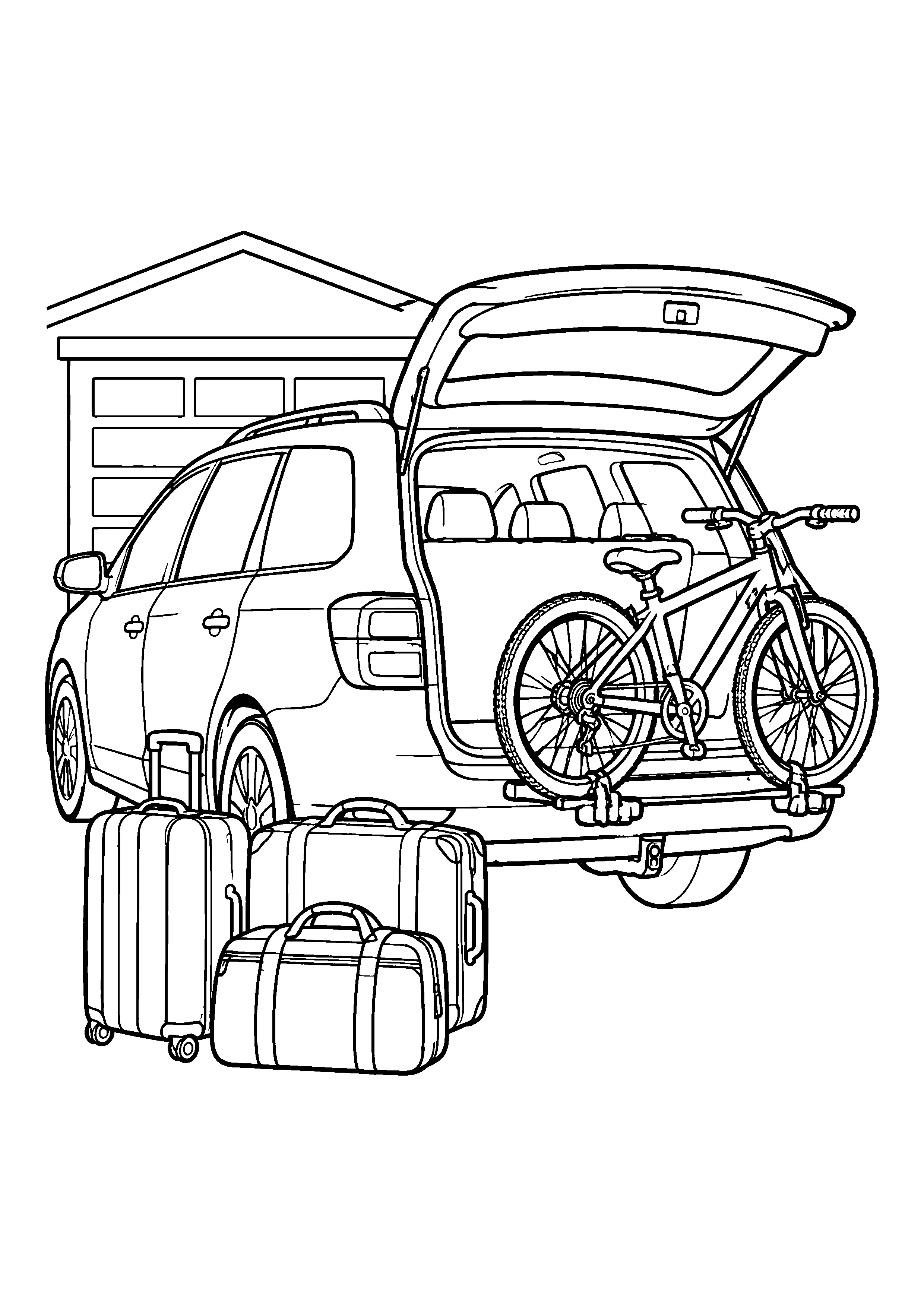 Minivan with bicycle rack coloring page, printable line art