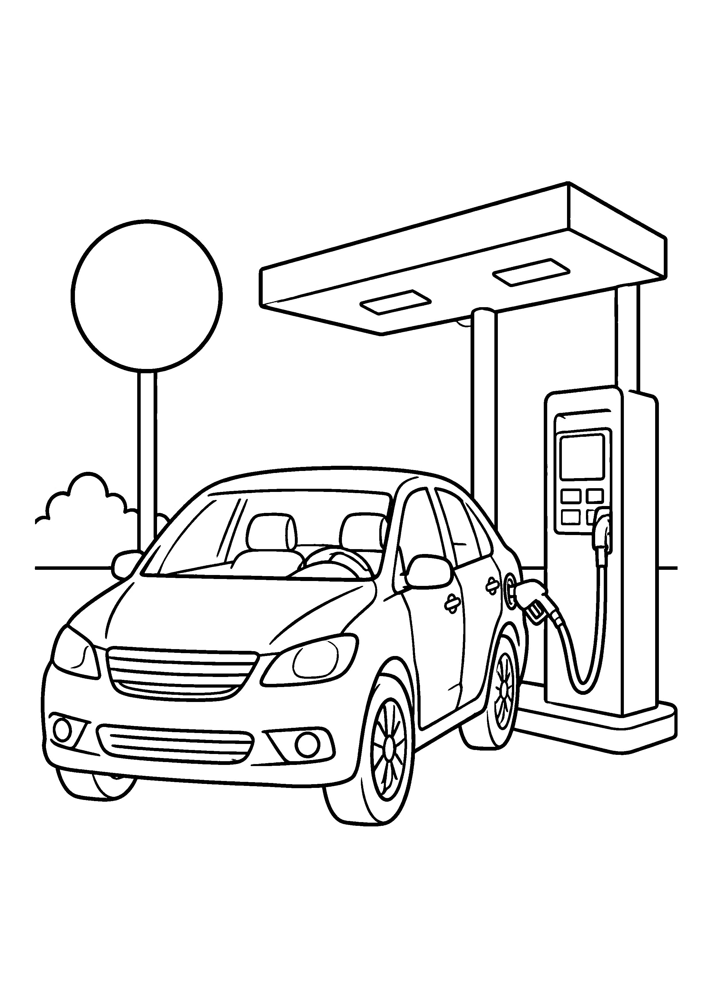Car at gas pump coloring page, printable line art