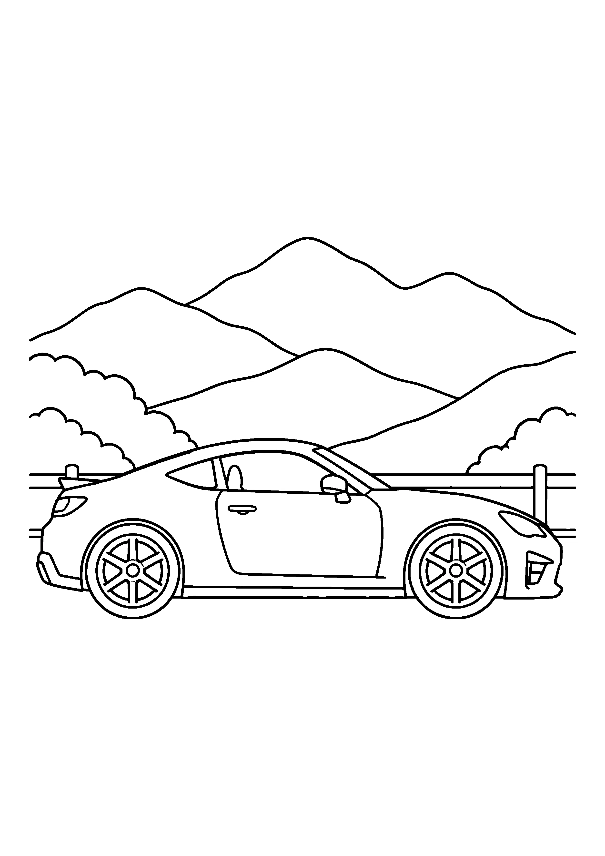 Sports car at mountain overlook coloring page, printable line art