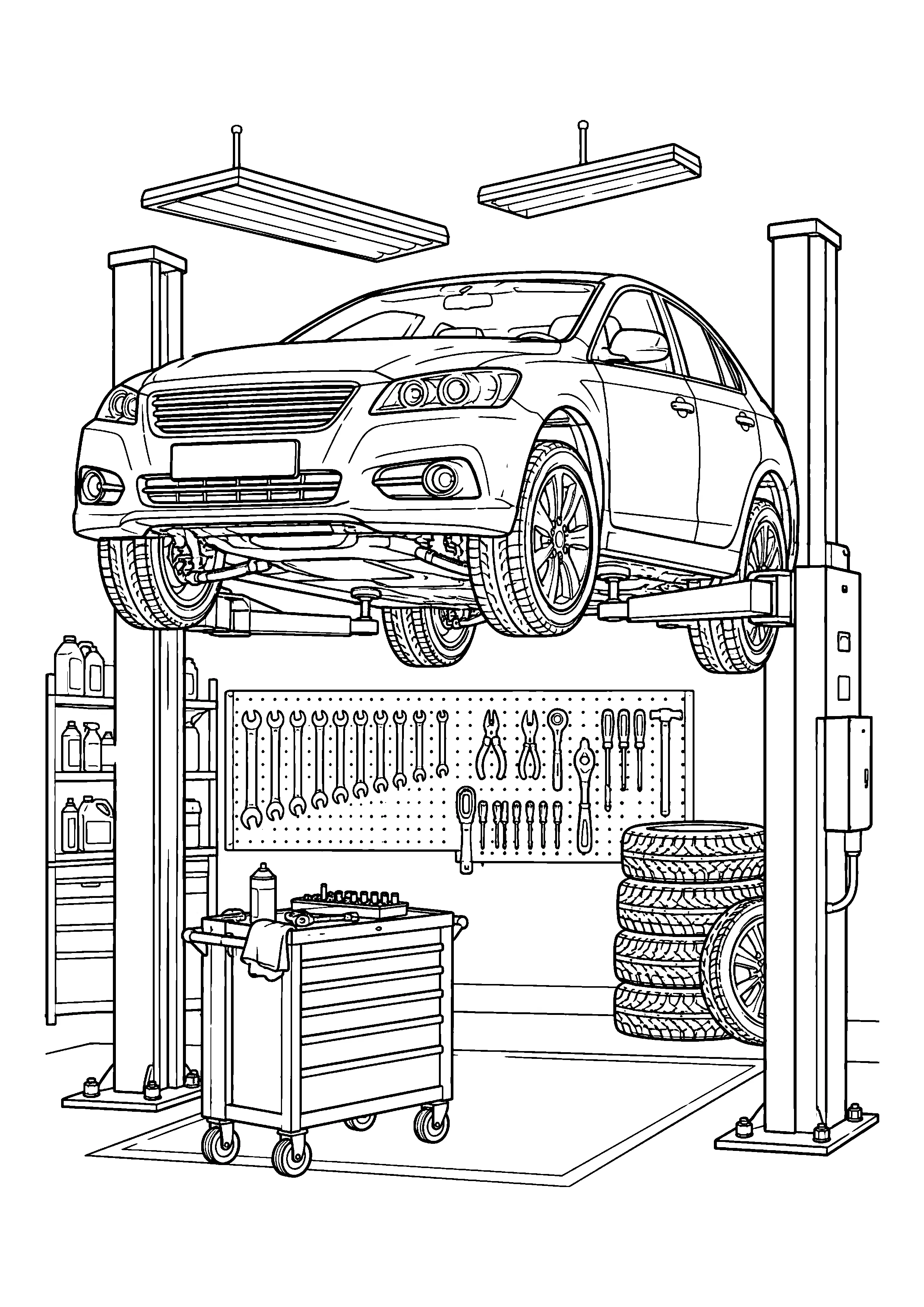 Car on garage lift coloring page, printable line art