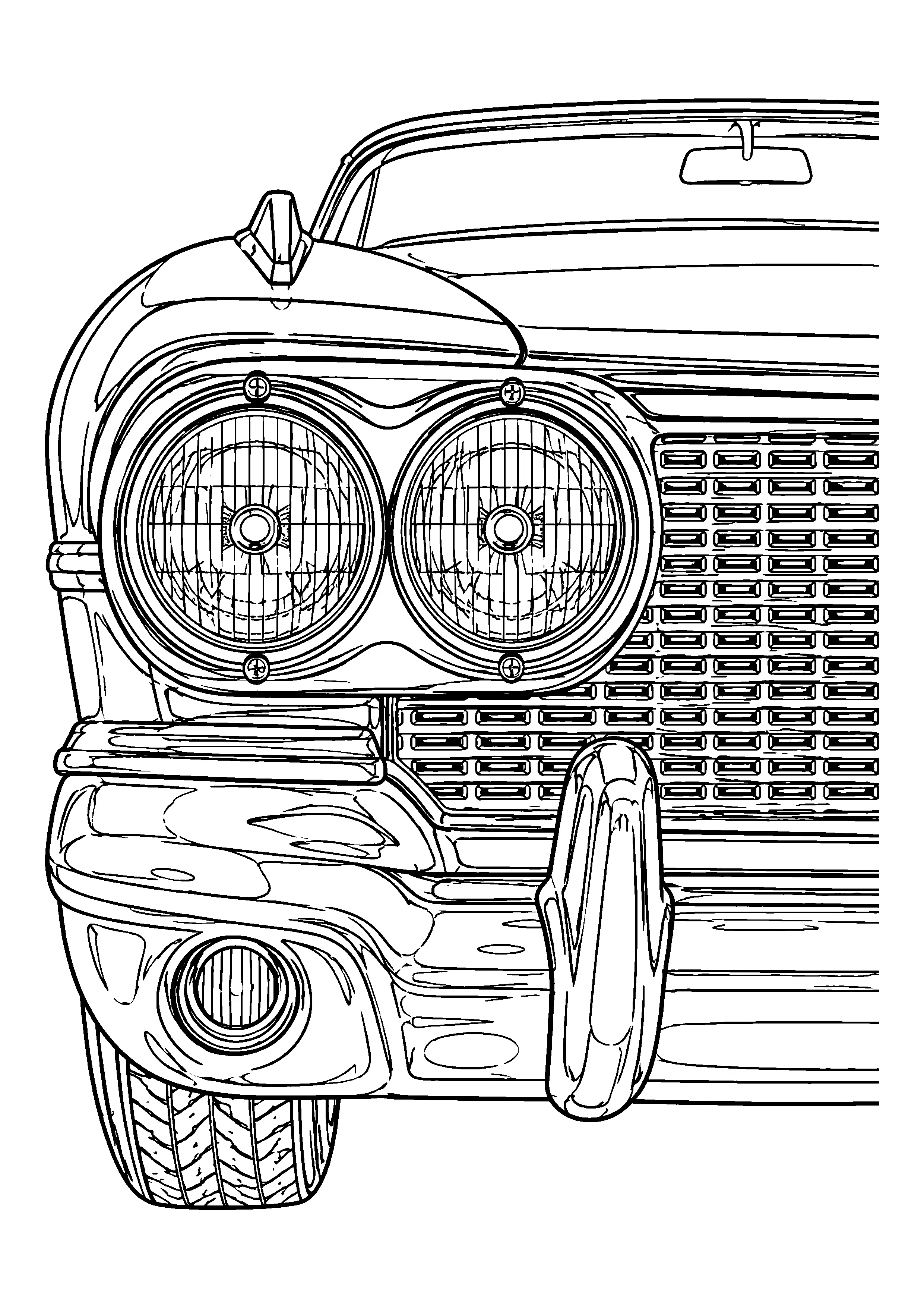 Classic car front close-up coloring page, printable line art