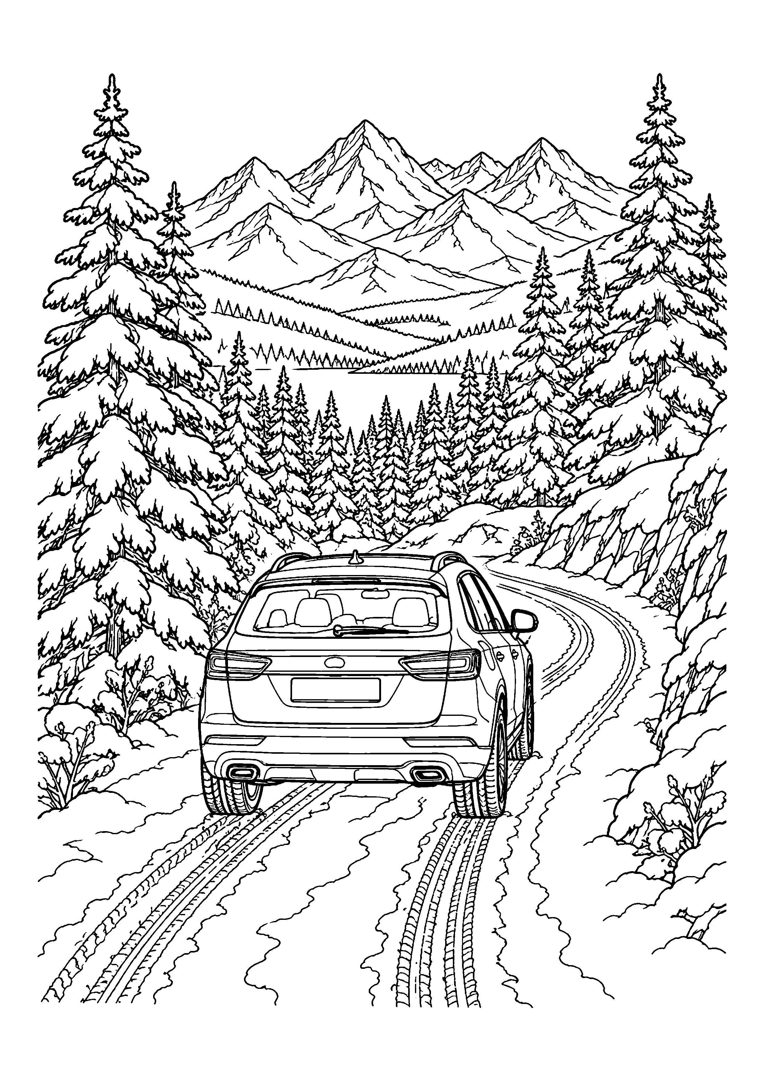 Car on snowy road coloring page, printable line art
