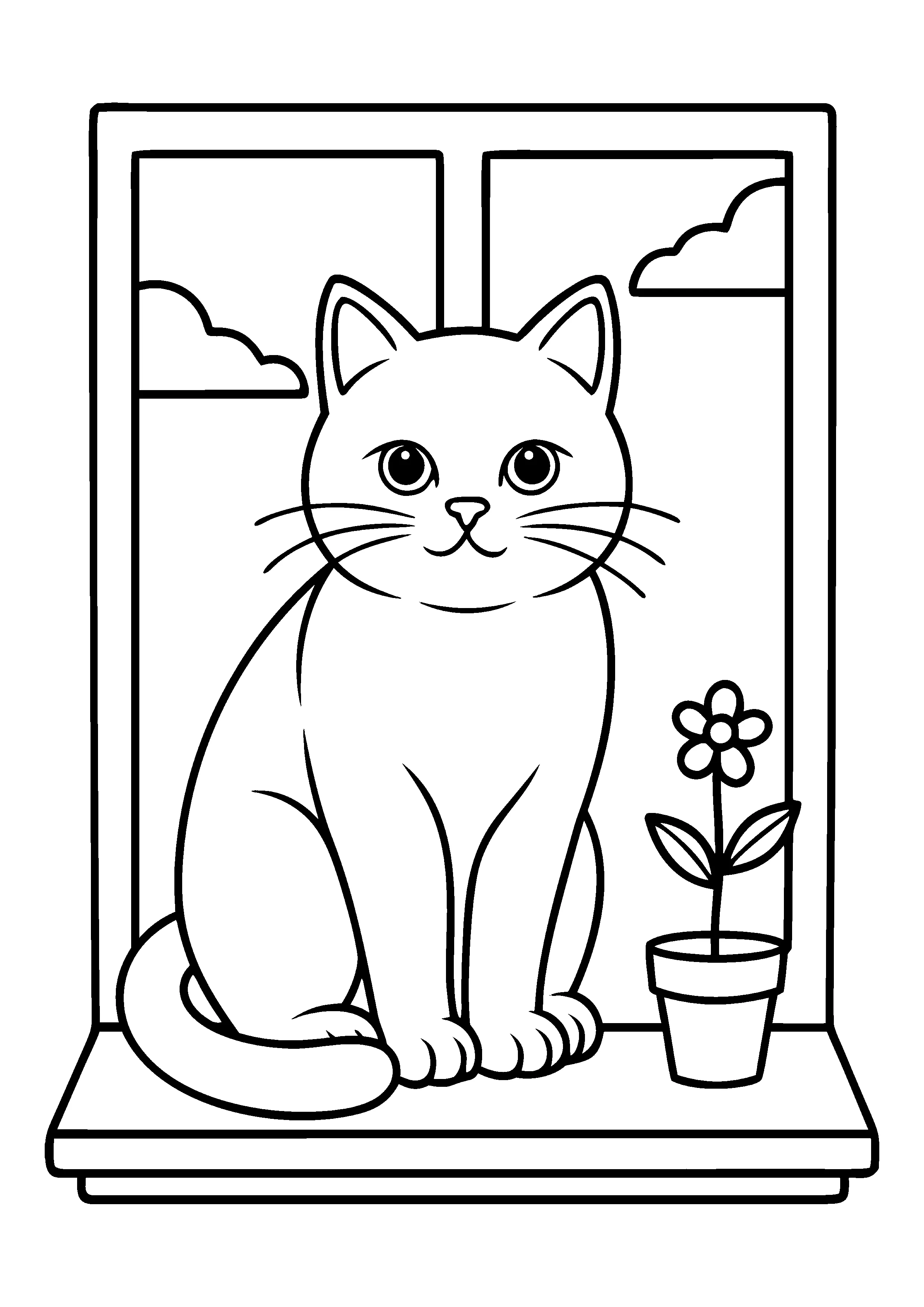 Cat on windowsill coloring page, printable line art