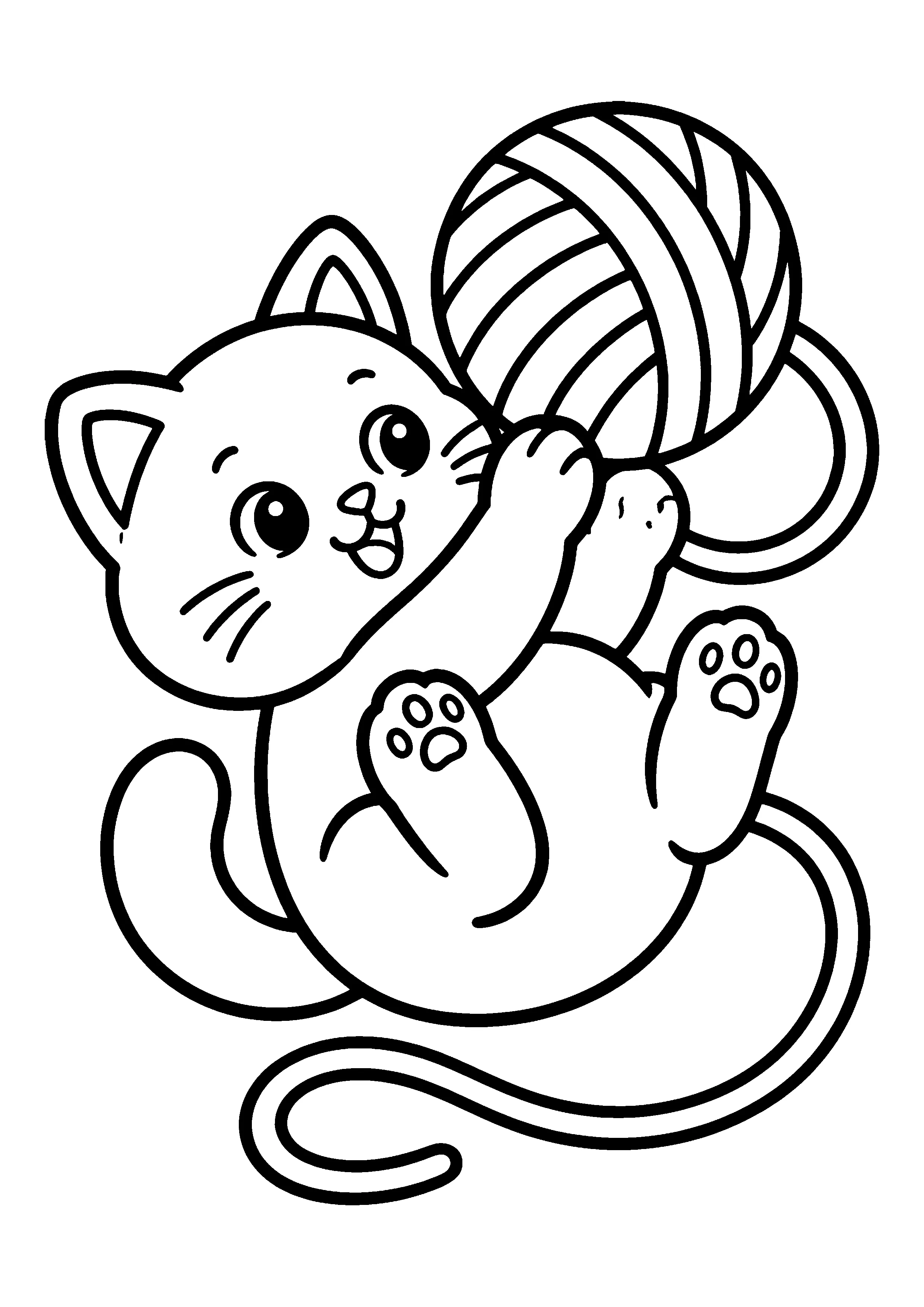 Kitten rolling with yarn coloring page, printable line art