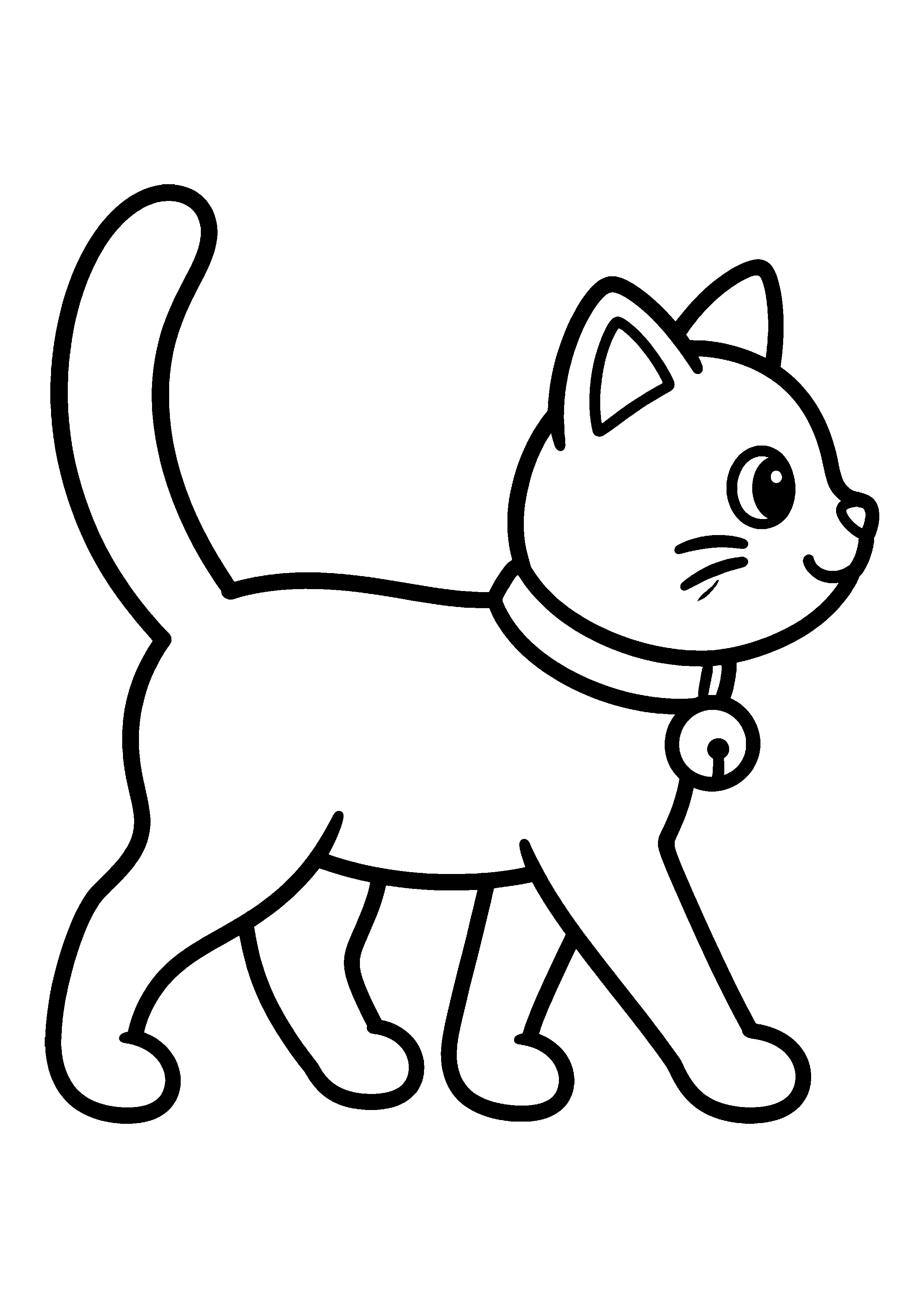 Cat walking with bell collar coloring page, printable line art