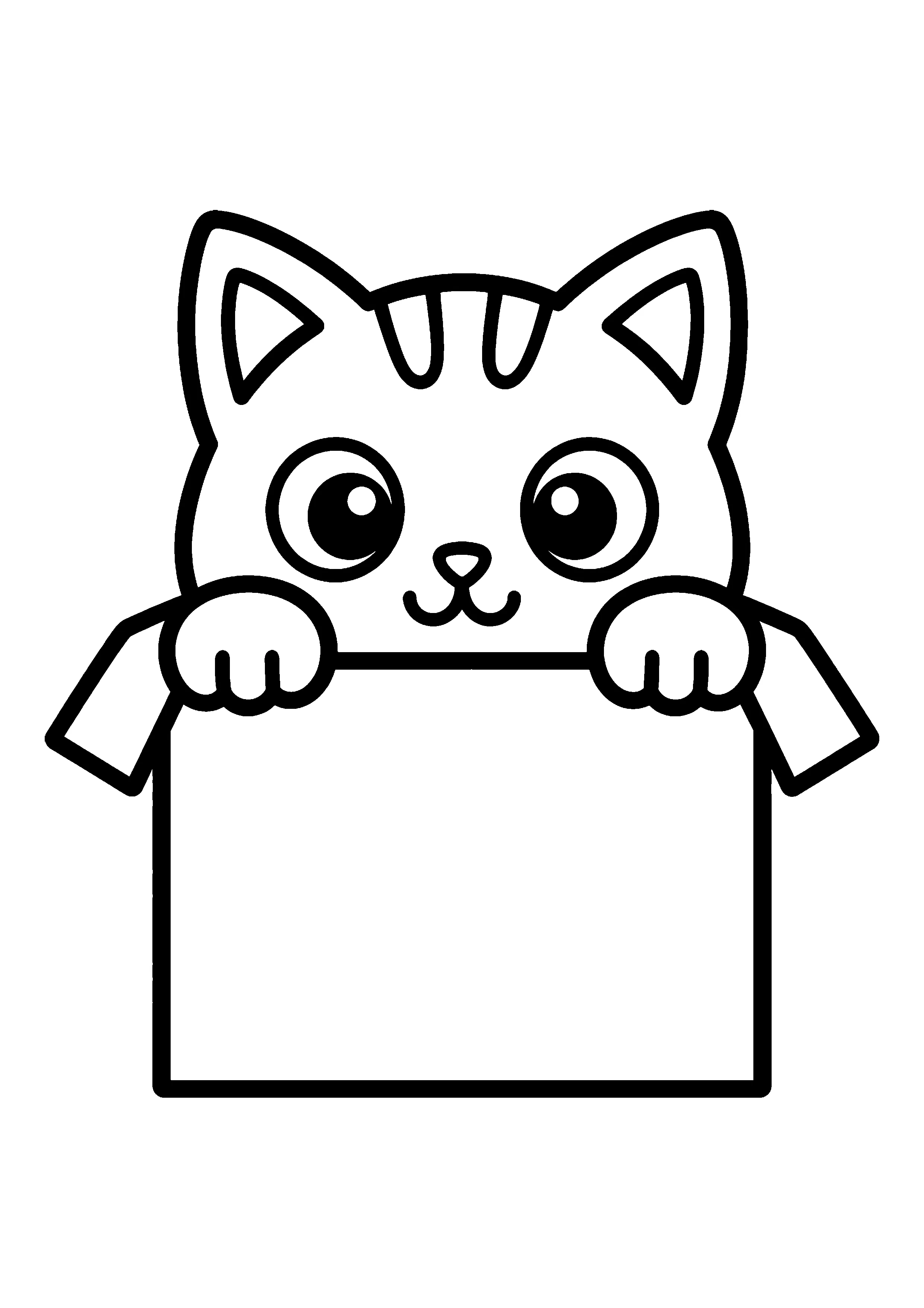 Cat peeking over box coloring page, printable line art
