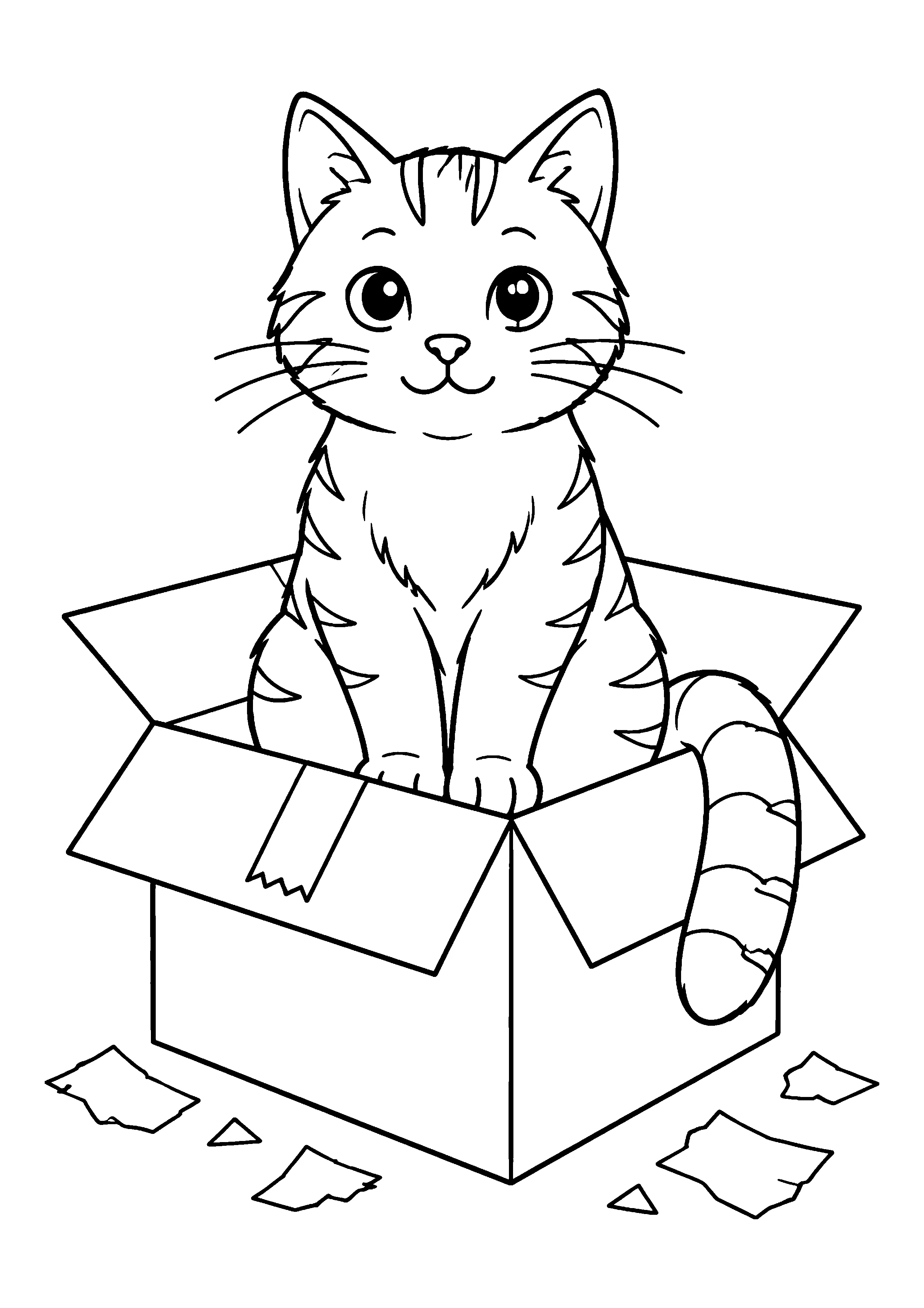 Cat sitting in cardboard box coloring page, printable line art