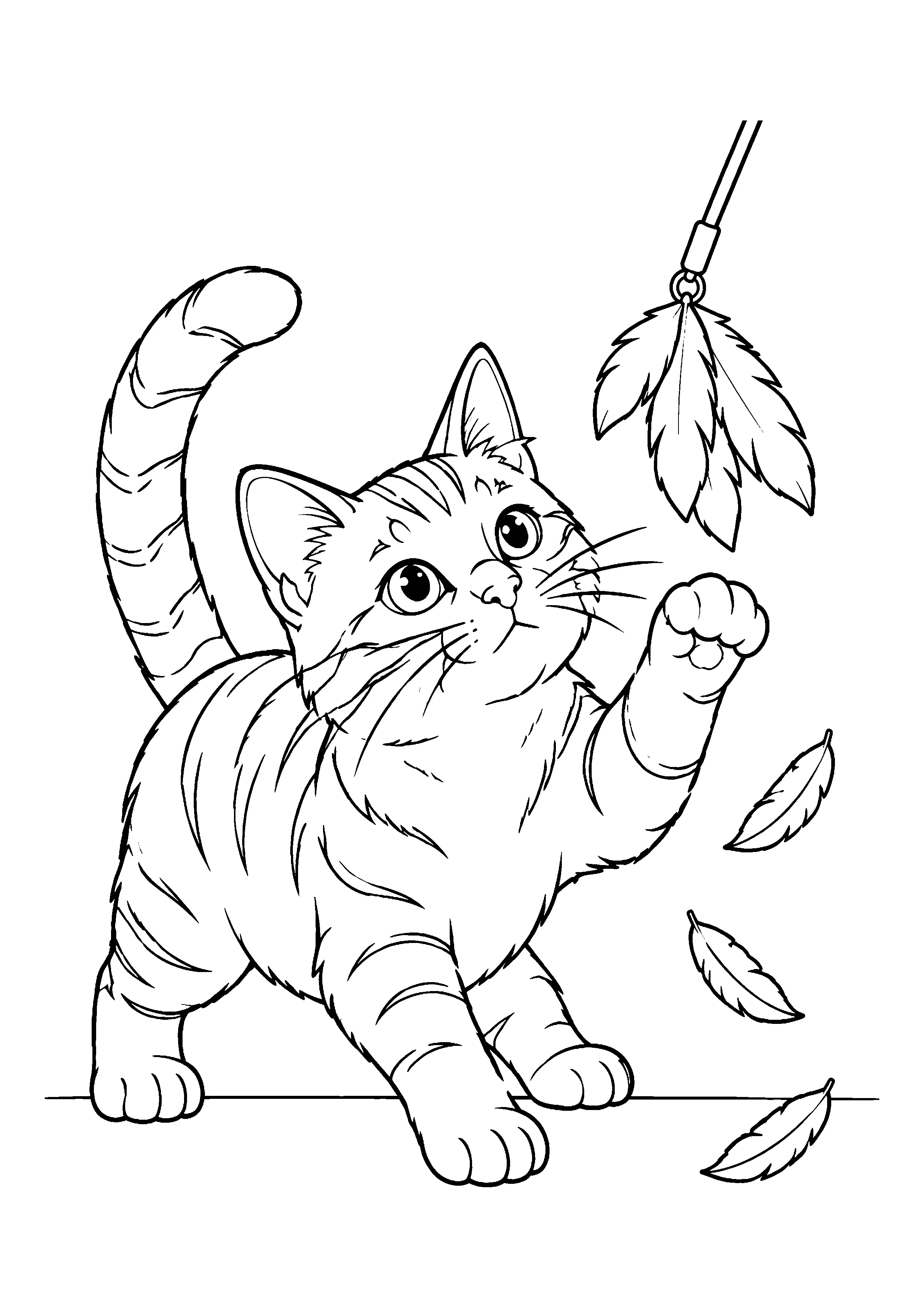 Kitten batting feather wand coloring page, printable line art