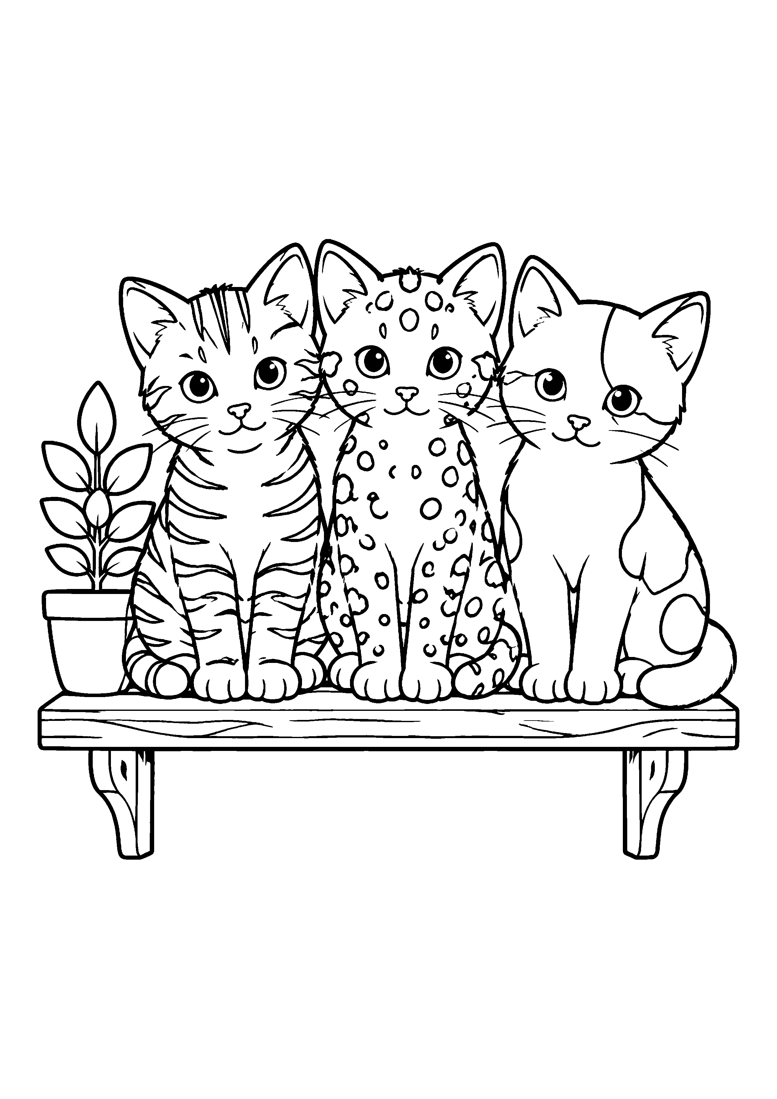 Three kittens on a wooden shelf coloring page, printable line art