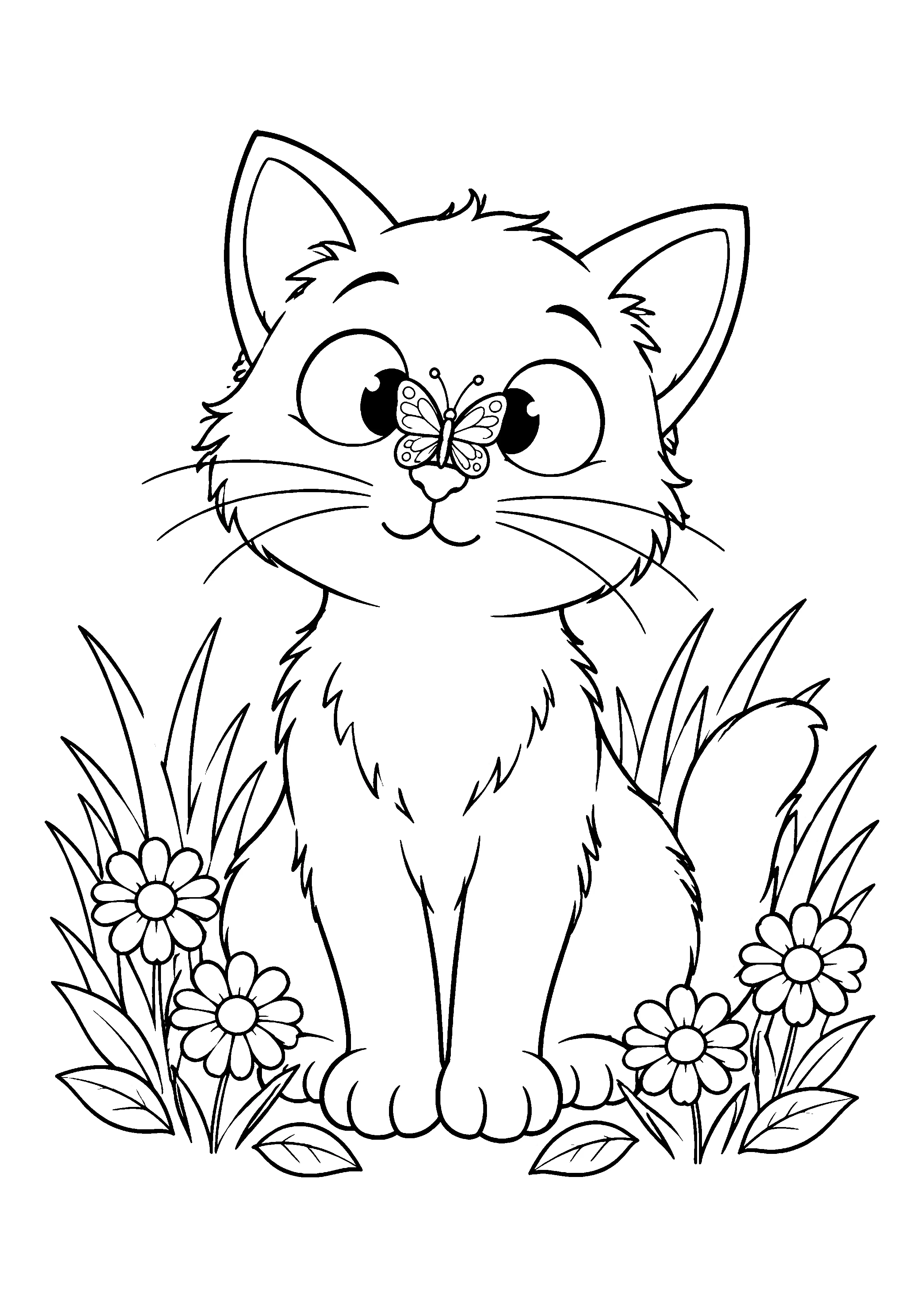 Cat watching a butterfly coloring page, printable line art