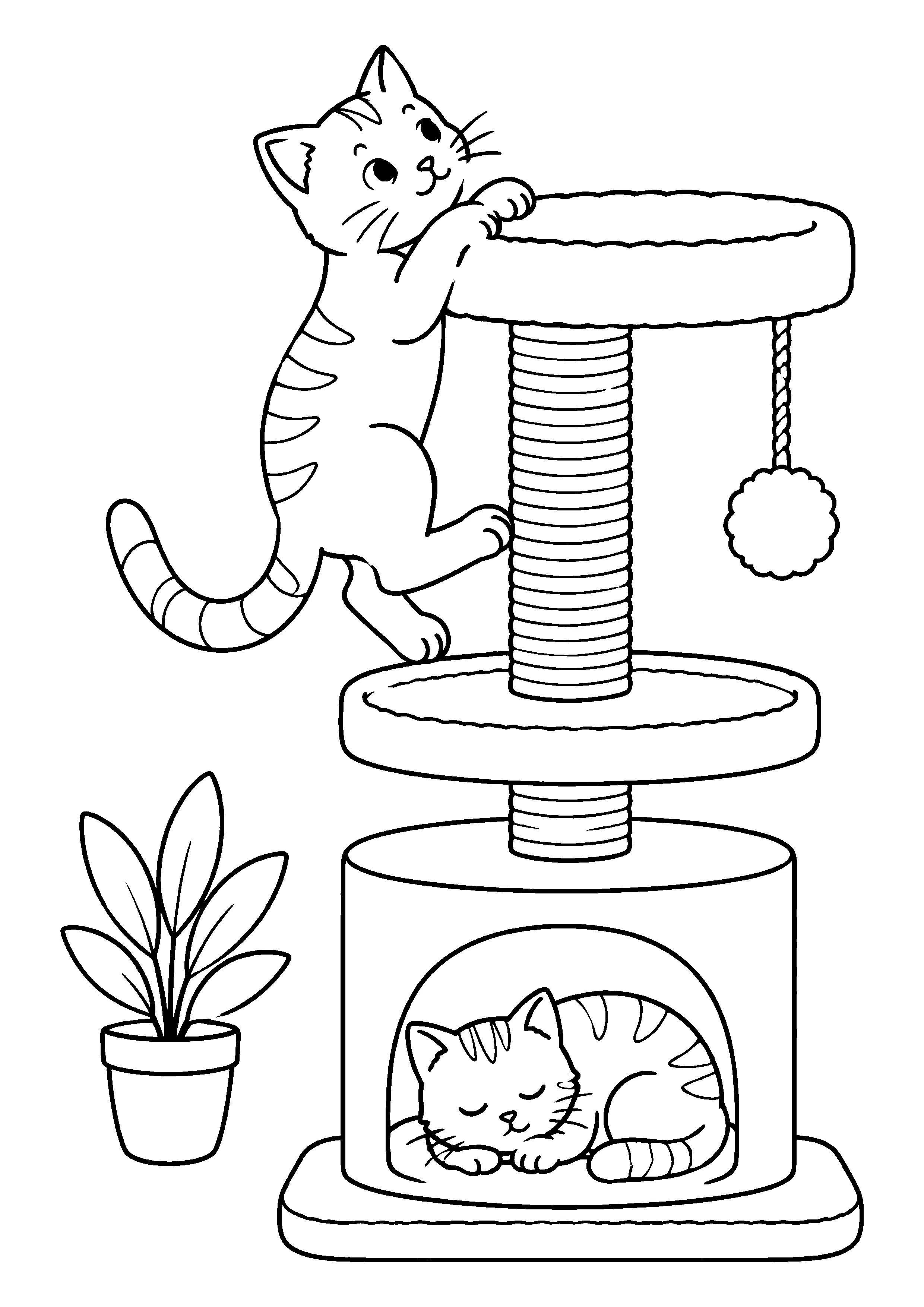 Cat climbing scratching post coloring page, printable line art