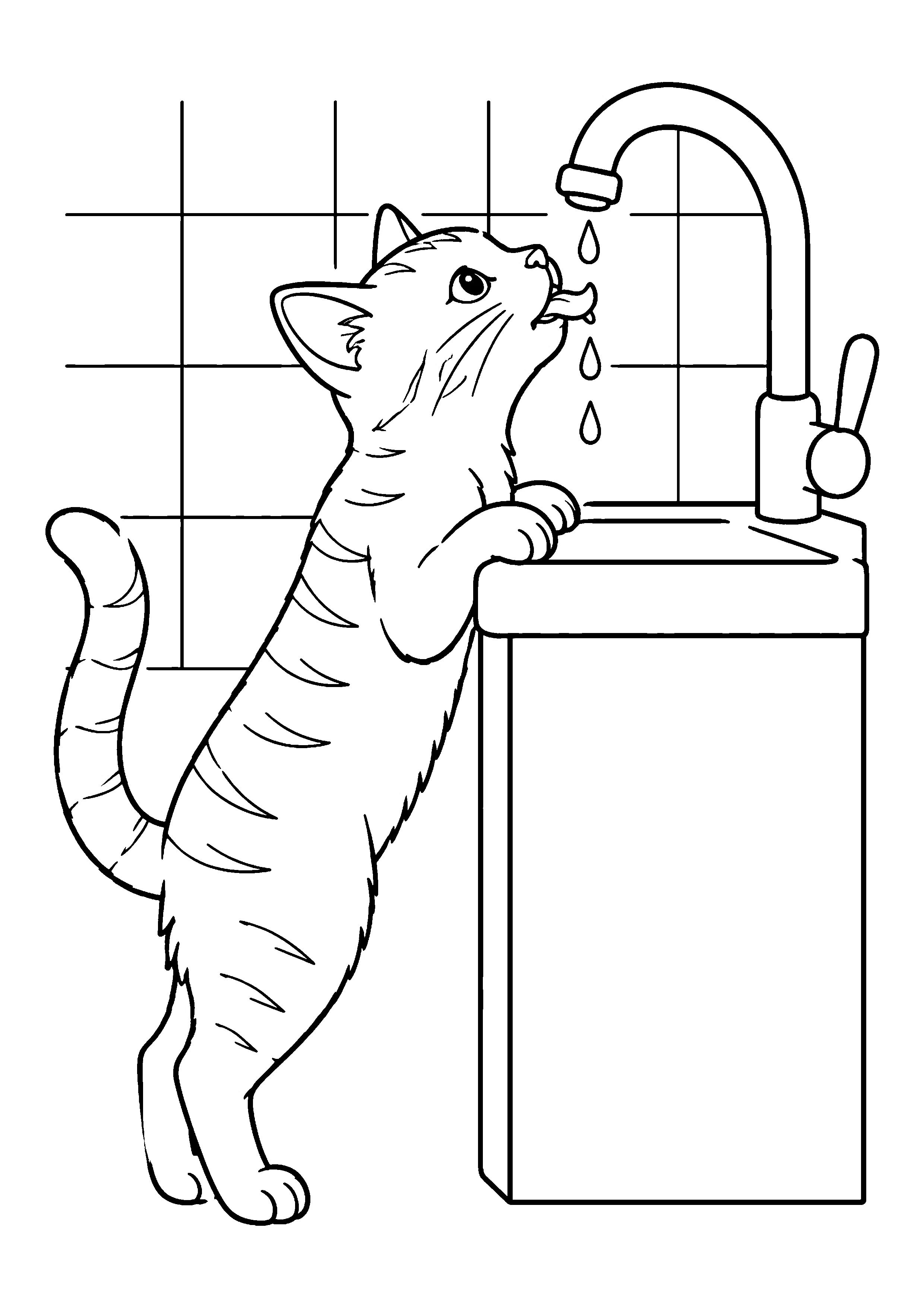 Cat drinking from faucet coloring page, printable line art