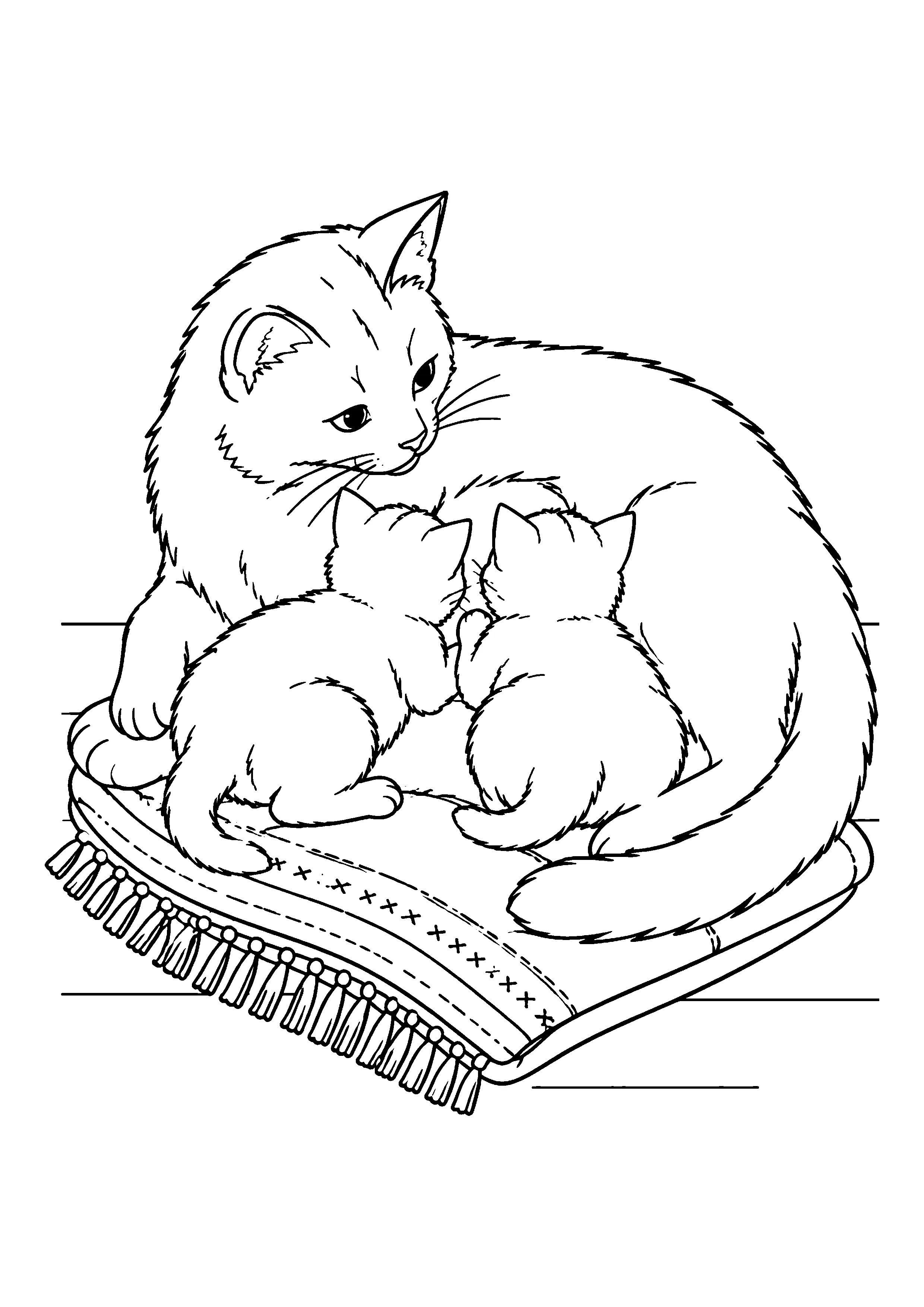 Mother cat nursing kittens on blanket coloring page, printable line art